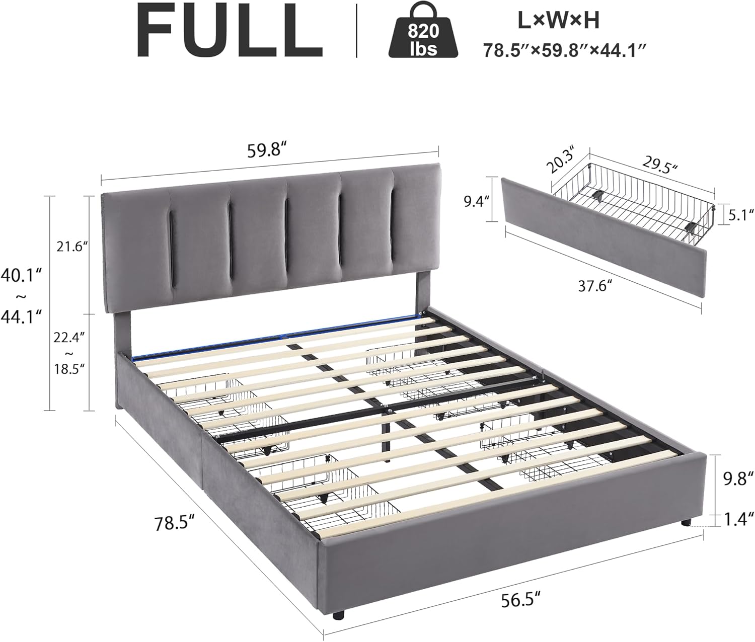 VECELO Upholstered Bed Frame with 4 Storage Drawers and Adjustable Velvet Headboard