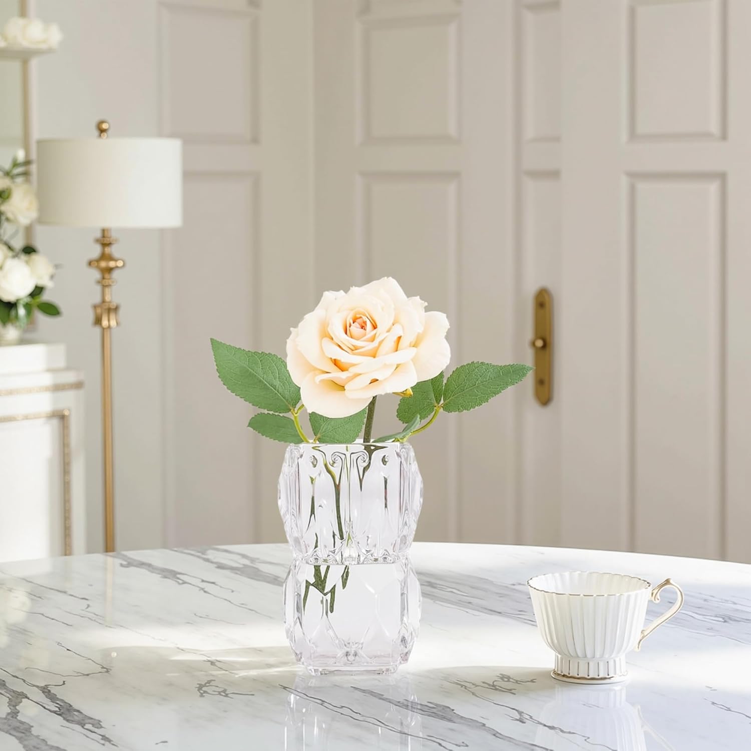 VECELO Crystal Glass Vase - Textured Clear Flower Vase