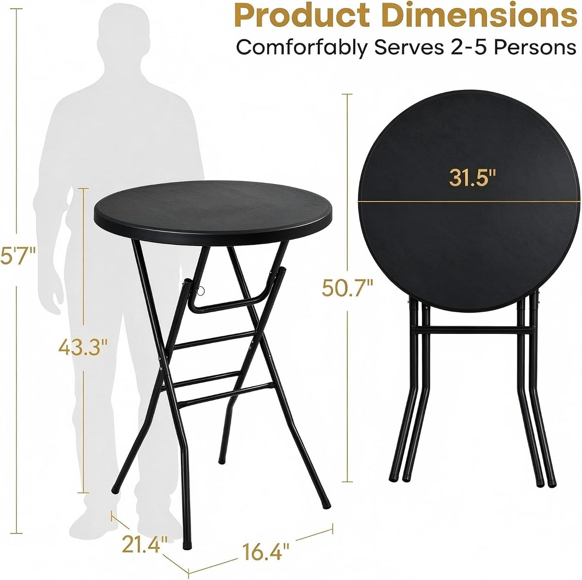 VECELO 32" Round Bar Height Folding Dining Table, 43.3" High Top Cocktail Table