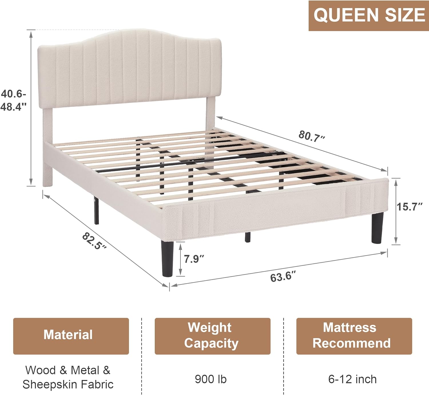 VECELO Upholstered Platform Bed Frame with Sheepskin Fabric Adjustable Headboard/Strong Wood Slats Supports