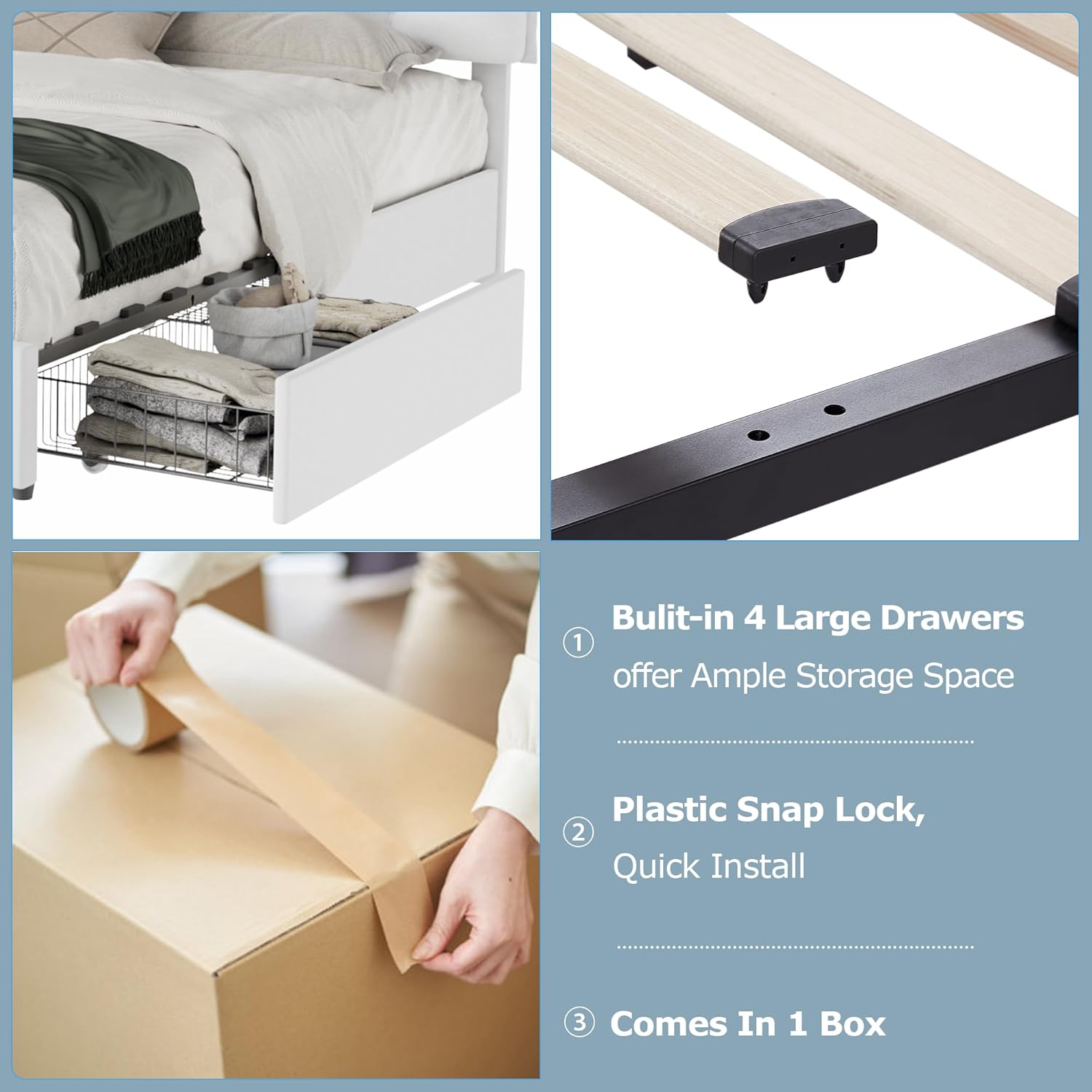 VECELO Upholstered Bed Frame with 4 Storage Drawers and Adjustable Velvet Headboard