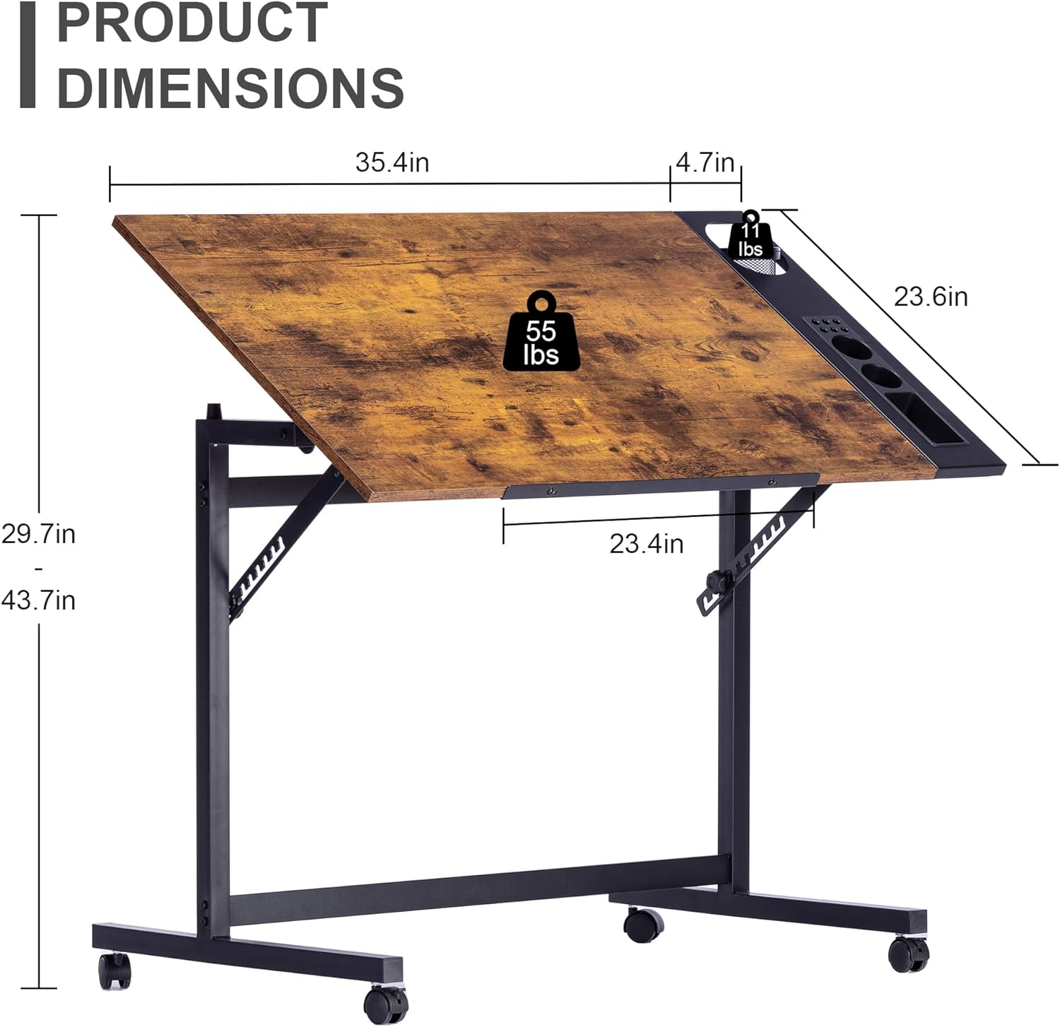 VECELO Vintage Drawing Drafting Table, Adjustable Tilting Top Art Desk Craft Work Station