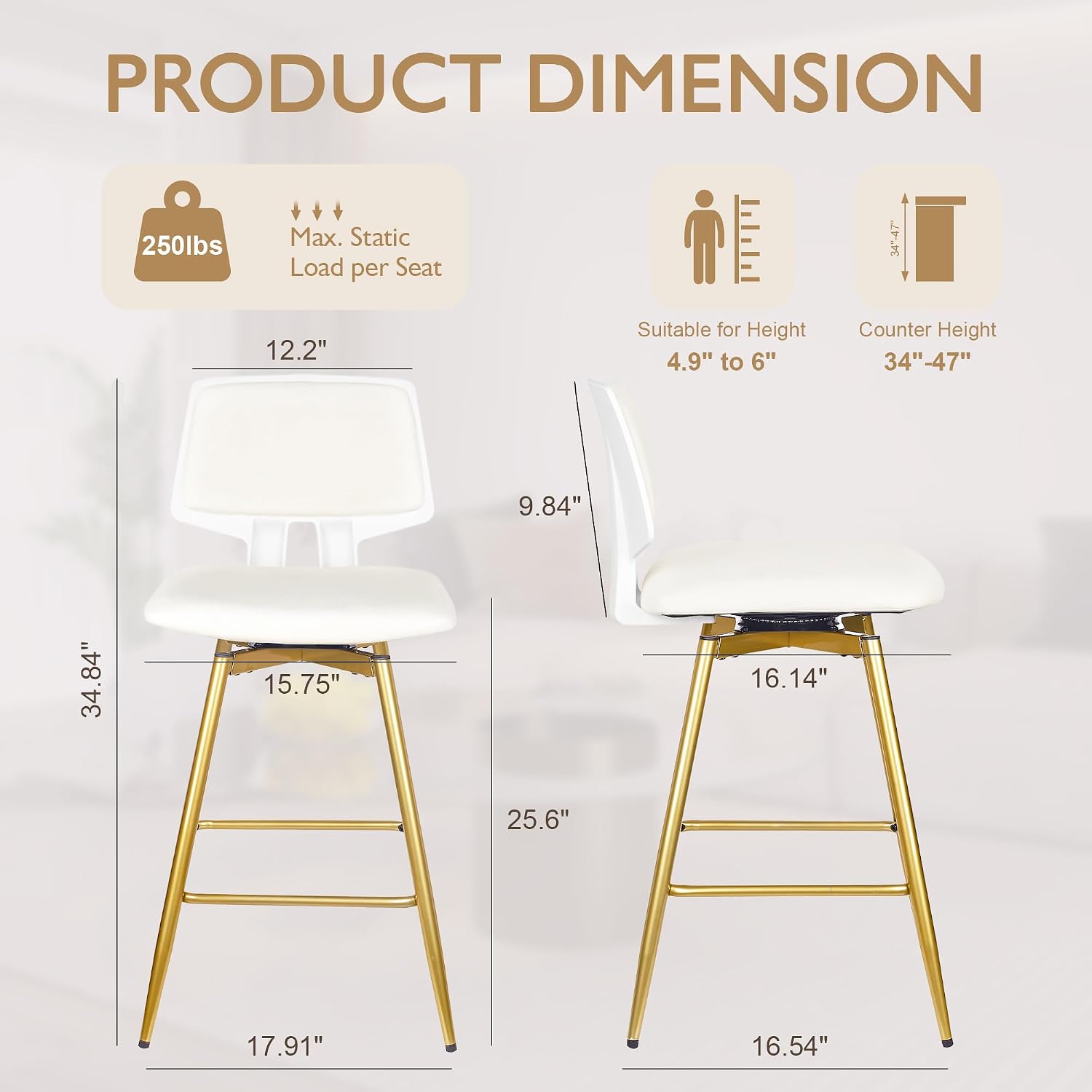VECELO Swivel Upholstered Bar Stools Set of 2