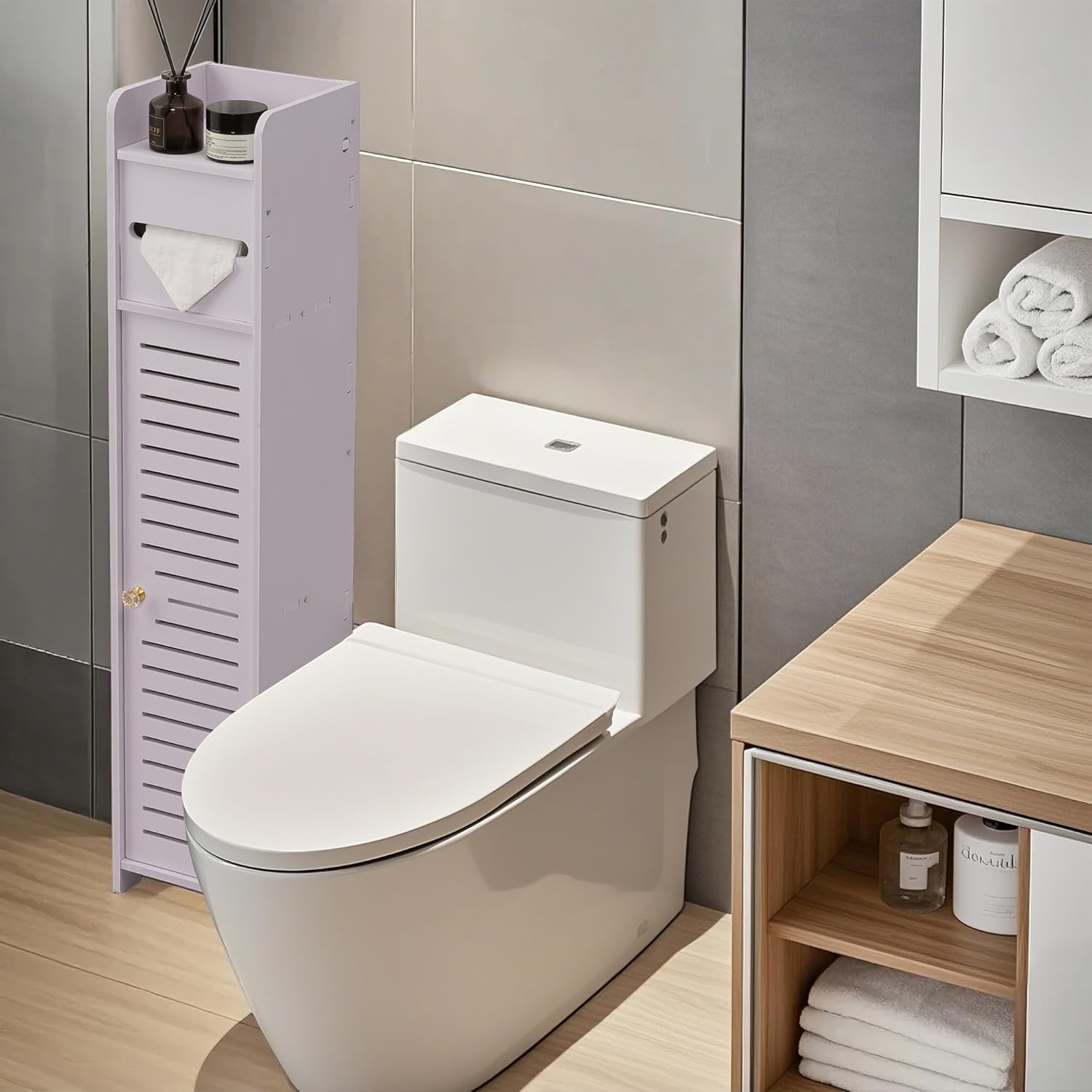 VECELO Small Bathroom Cabinet, Storage Cabinet with Toilet Paper Scroll