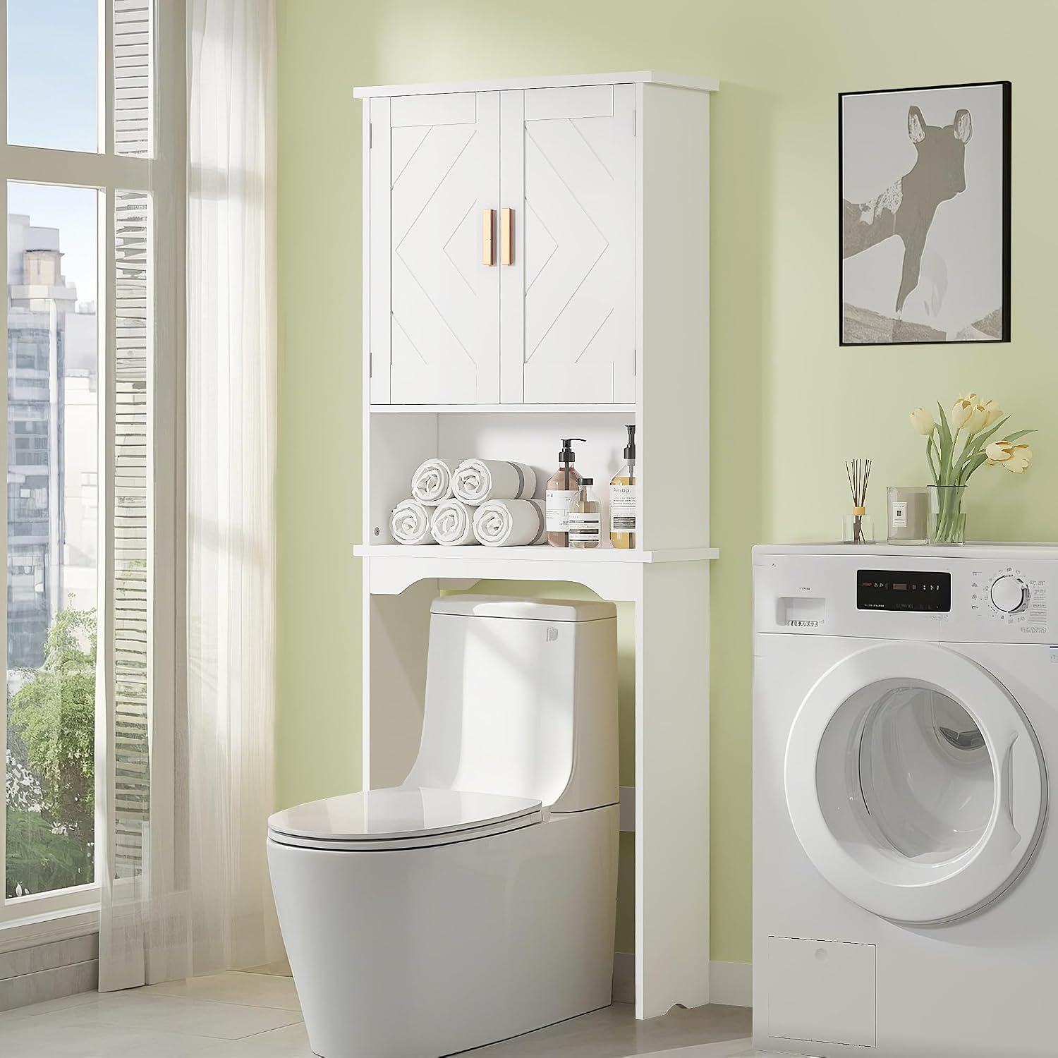 VECELO Over The Toilet Storage Cabinet, Over Toilet Bathroom Shelf with Double Doors and Anti-Tip Device