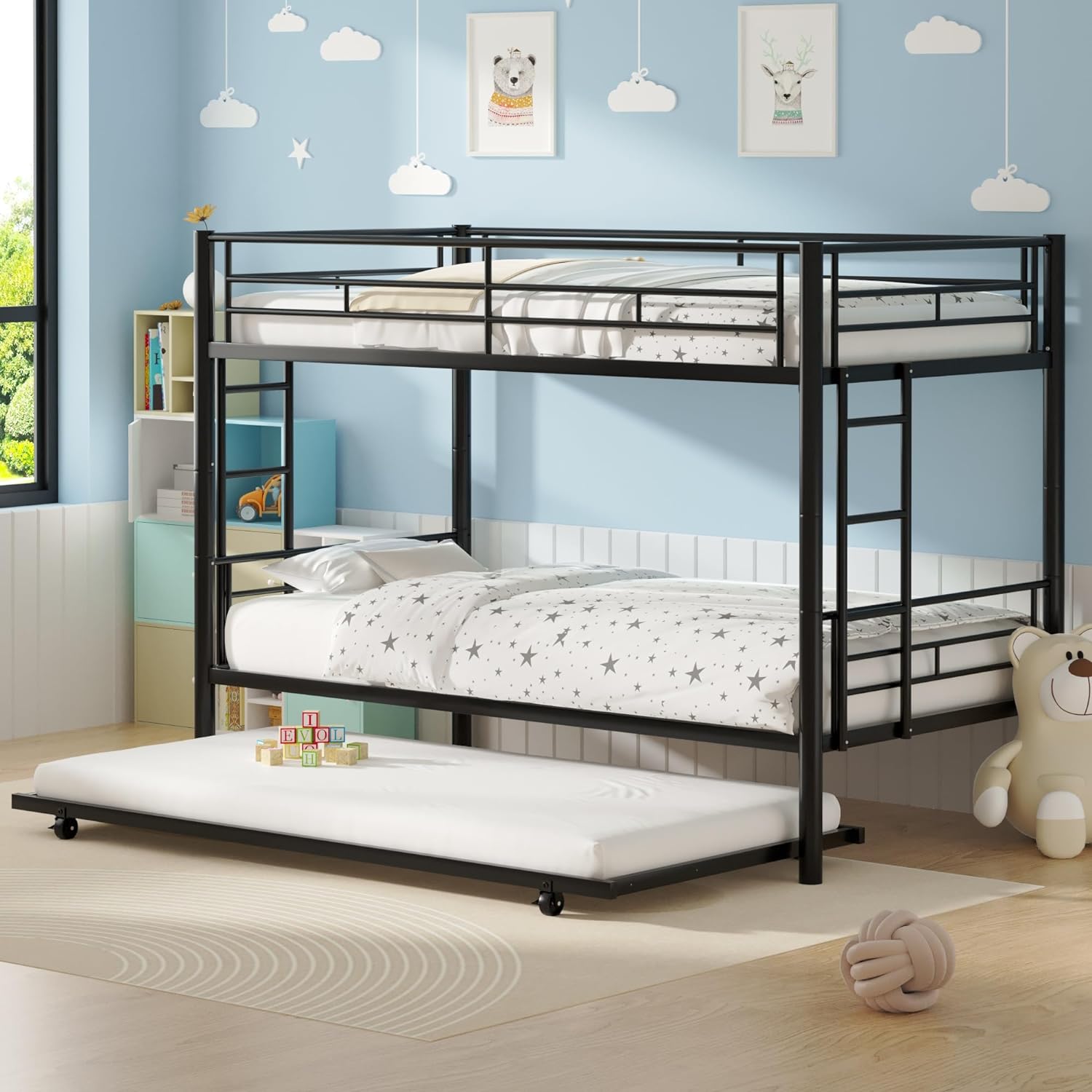 VECELO Bunk Bed Twin Over Twin with Trundle, Metal Bunkbeds with Ladder and Full-Length Guardrail - VECELO