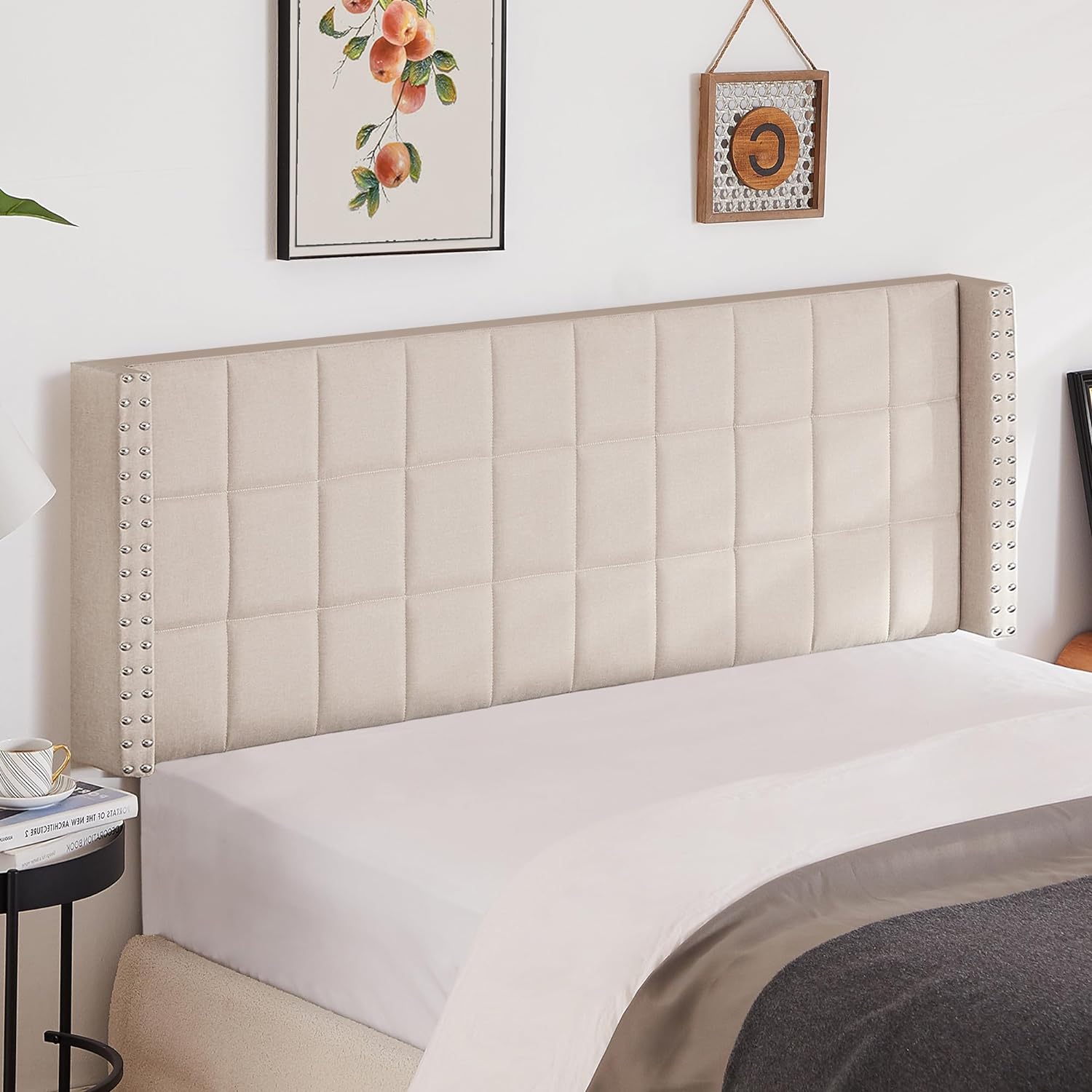 VECELO Linen Upholstered Headboard for Queen/King Size Bed, Tufted Nailhead & Double Wingback for Bedroom