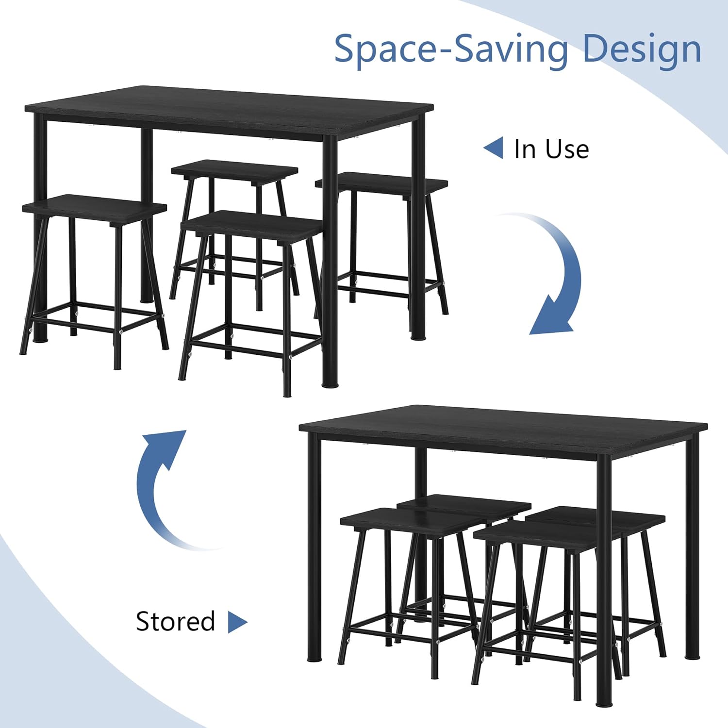 VECELO 5-Piece Dining Table Set Metal and Wood Kitchen Furniture with 4 Stools