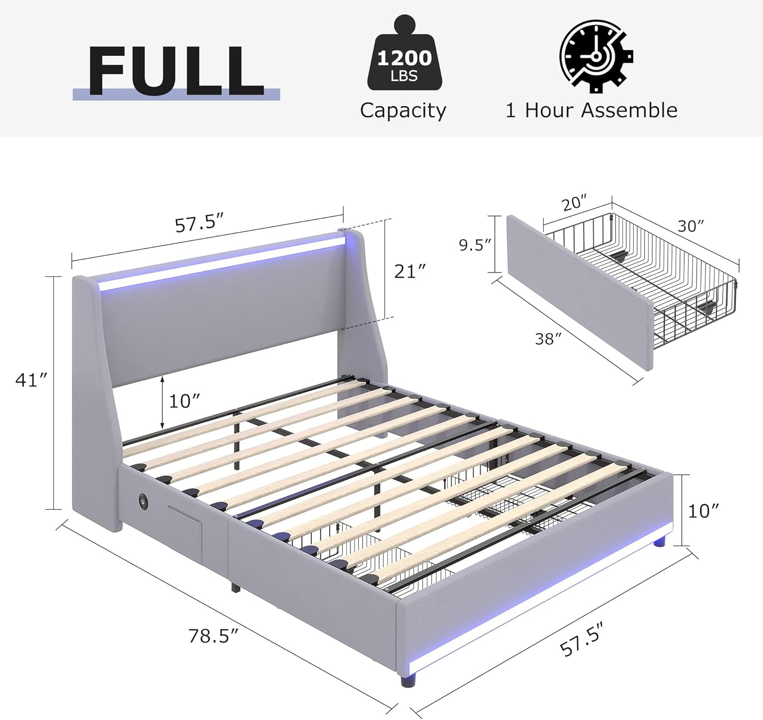 VECELO Full Size Bed Frame with Storage Drawers