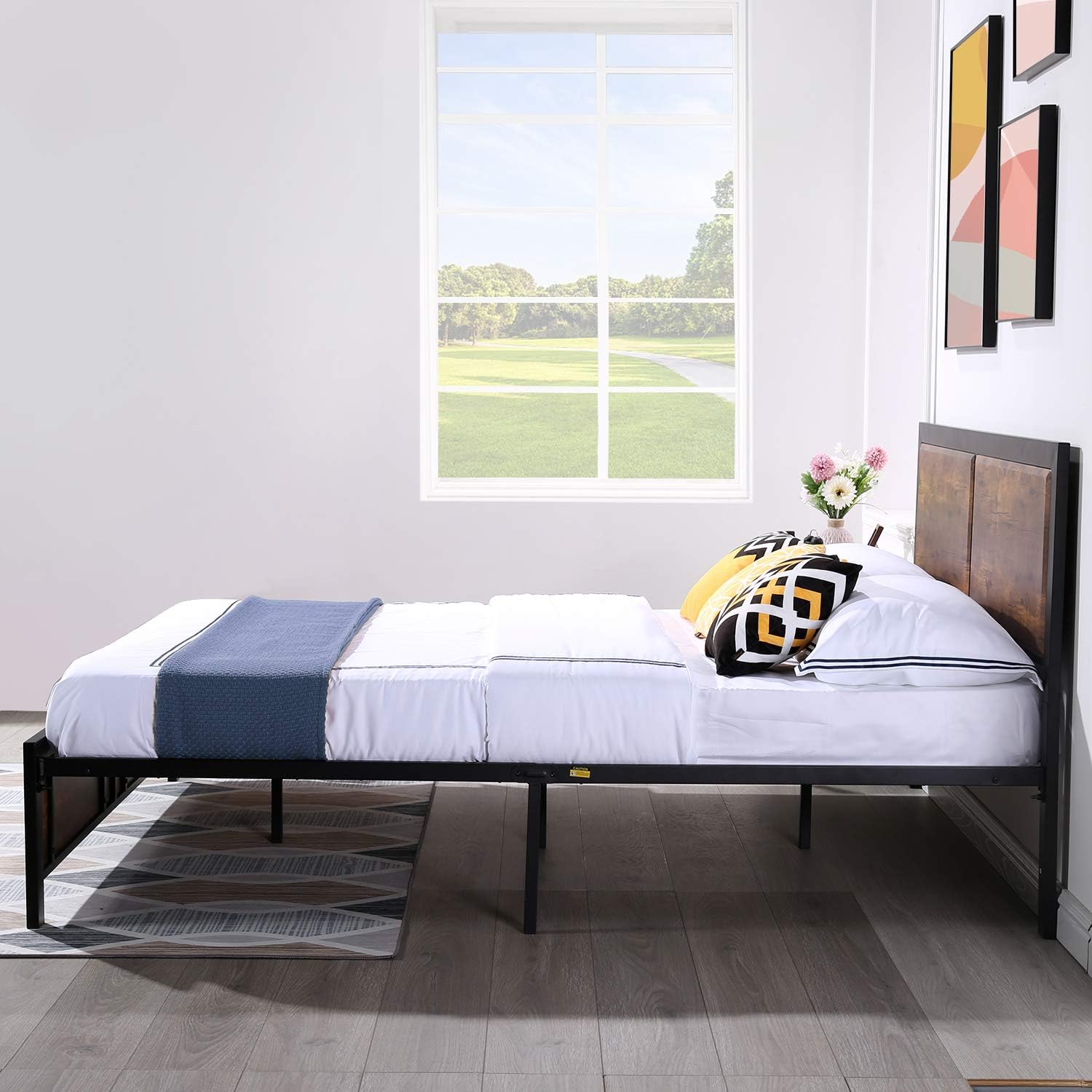 VECELO Full Platform Bed Frame with Rustic Vintage Wood Headboard