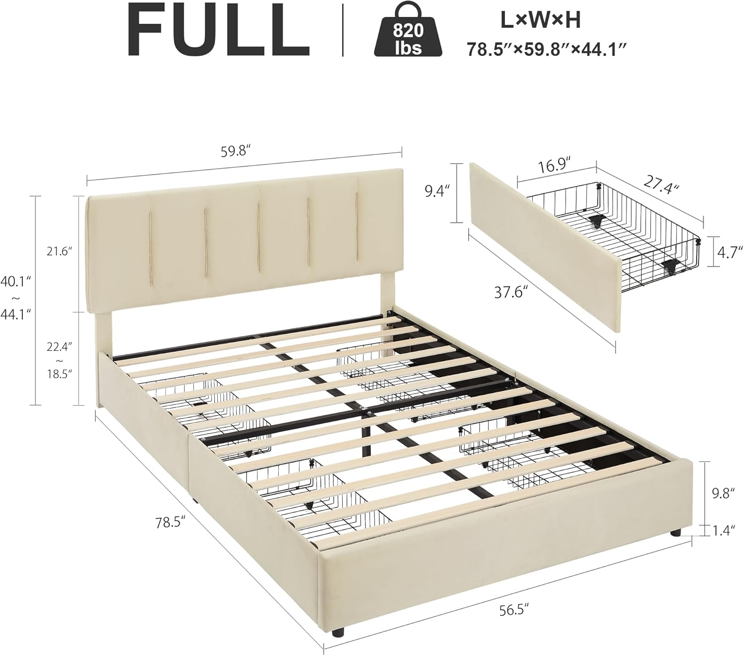 VECELO Upholstered Bed Frame with 4 Storage Drawers and Adjustable Velvet Headboard
