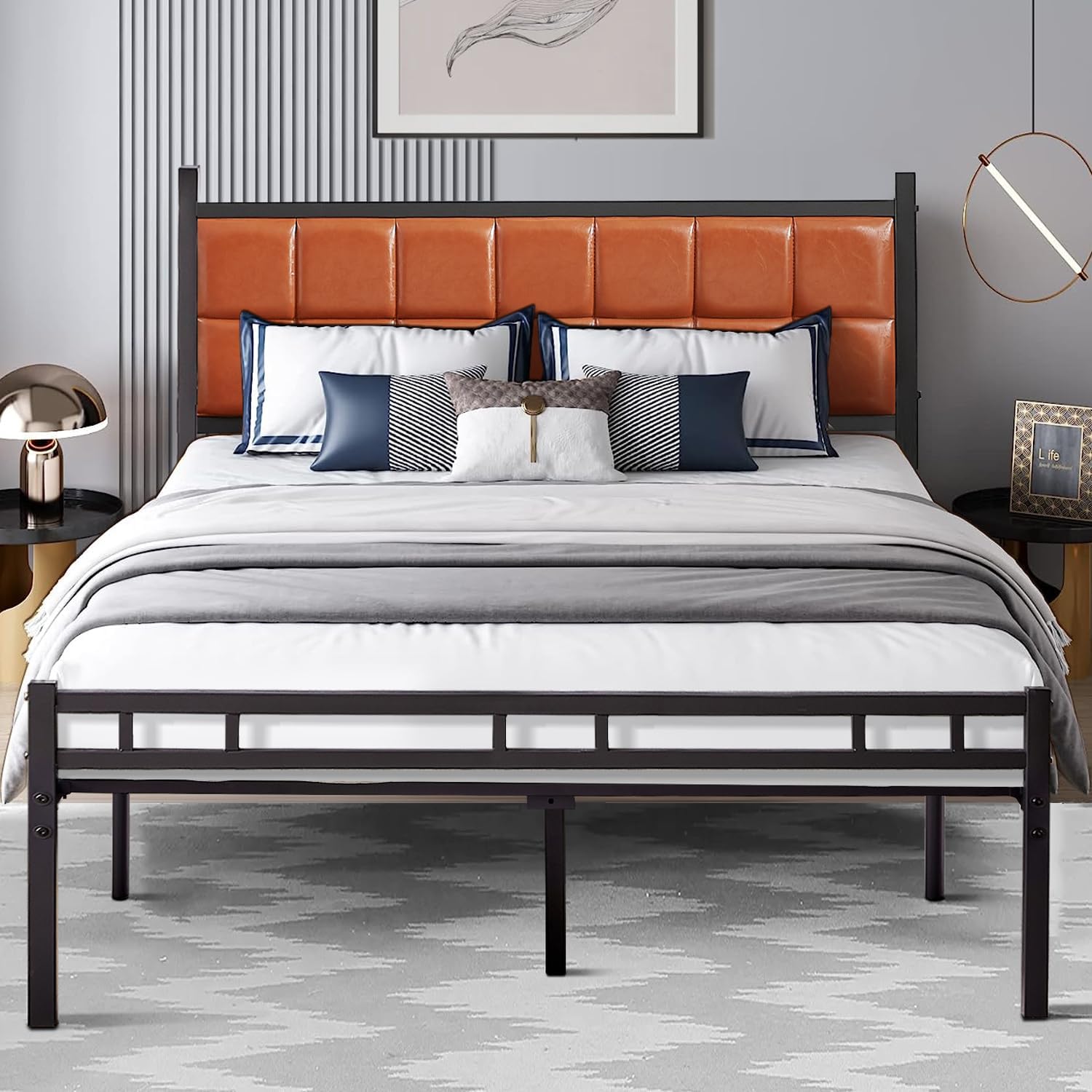 VECELO Bed Frame with PU Upholstered Headboard Metal Slats Support, No Box Spring Needed - VECELO