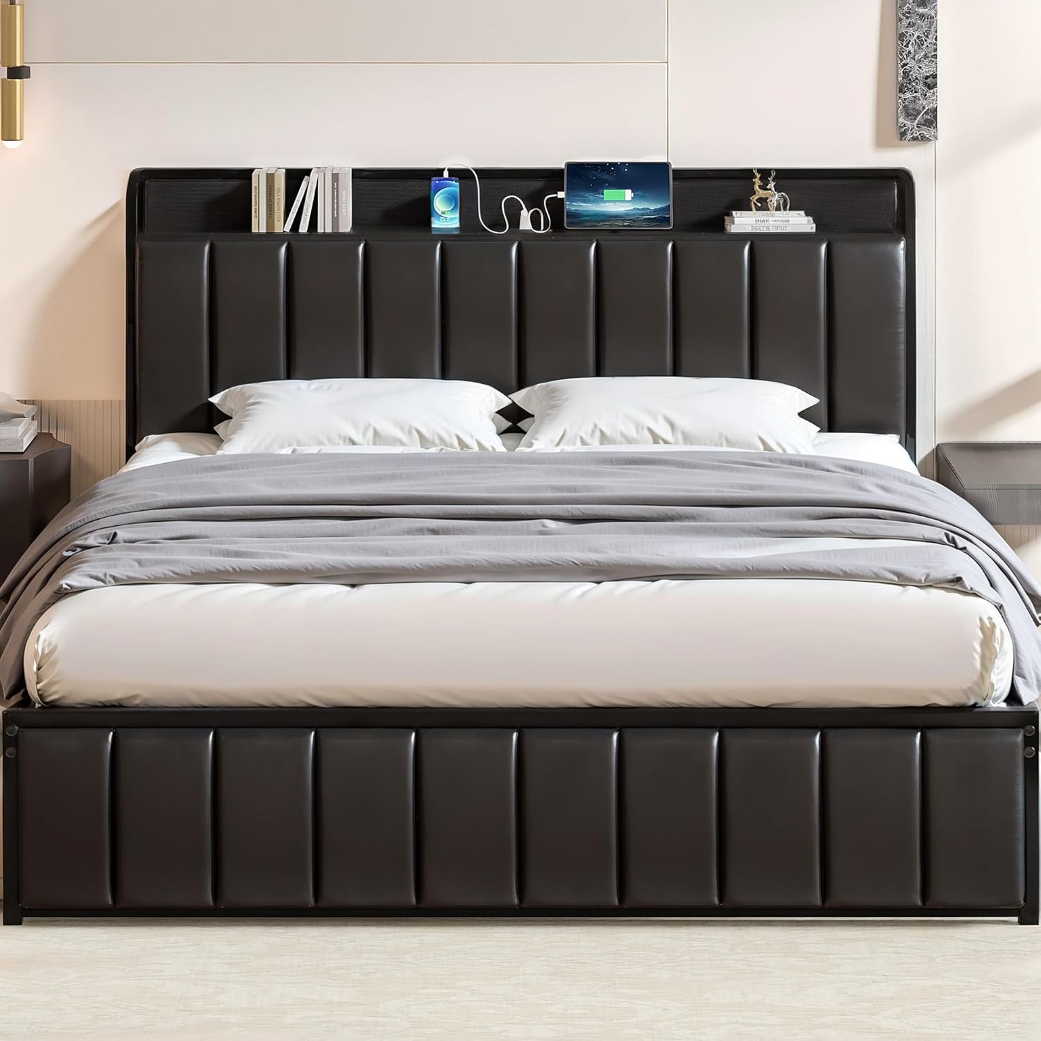VECELO Twin Bed Frame, Storage Upholstered Headboard with Charging Station
