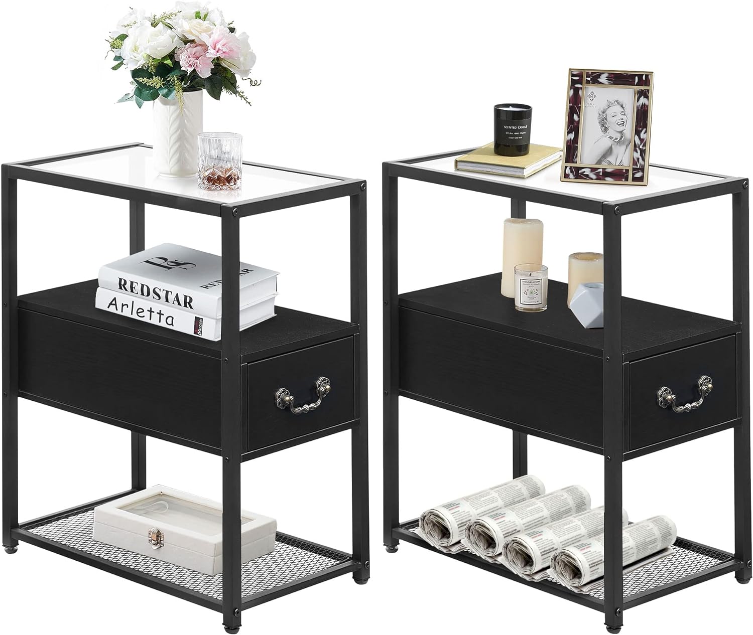 VECELO Glass End Side Table Narrow Nightstand with Drawer