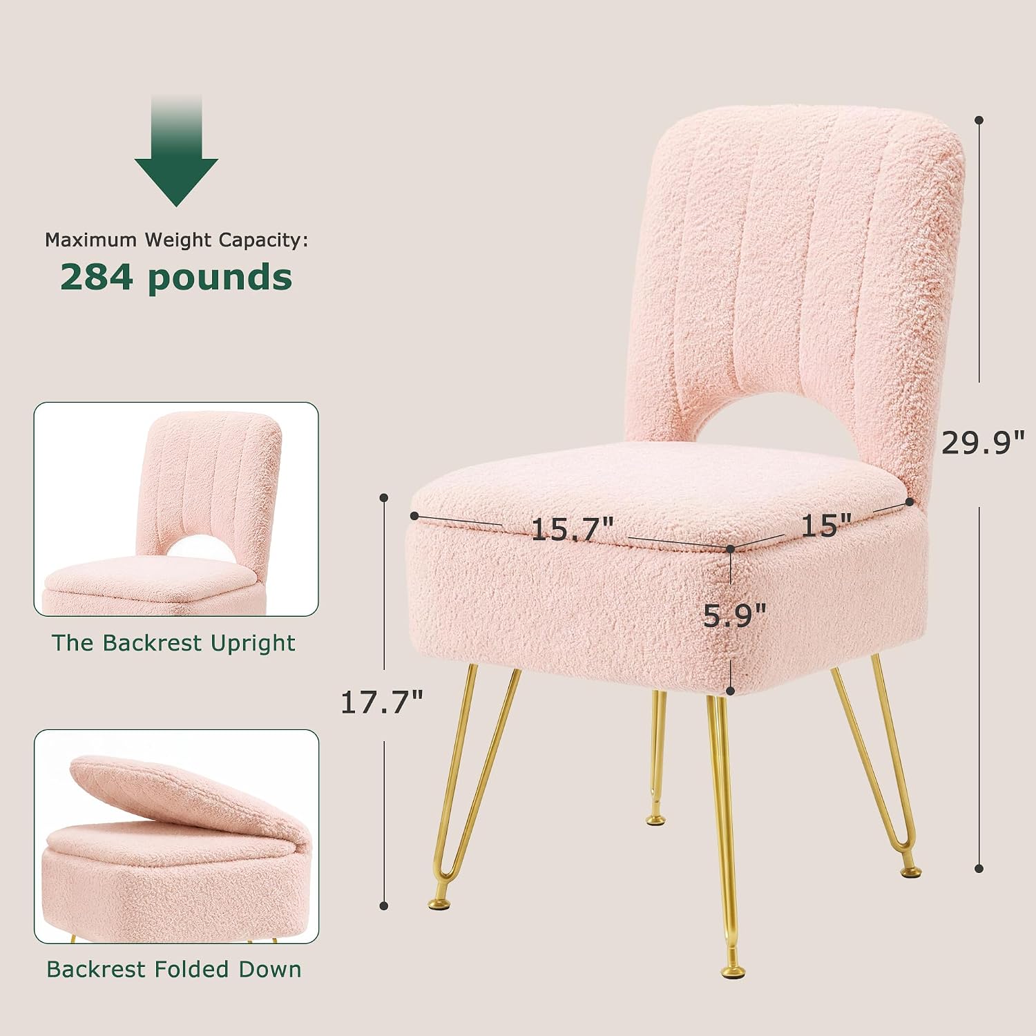 VECELO White Vanity Stool Chair with Storage and Folding Back