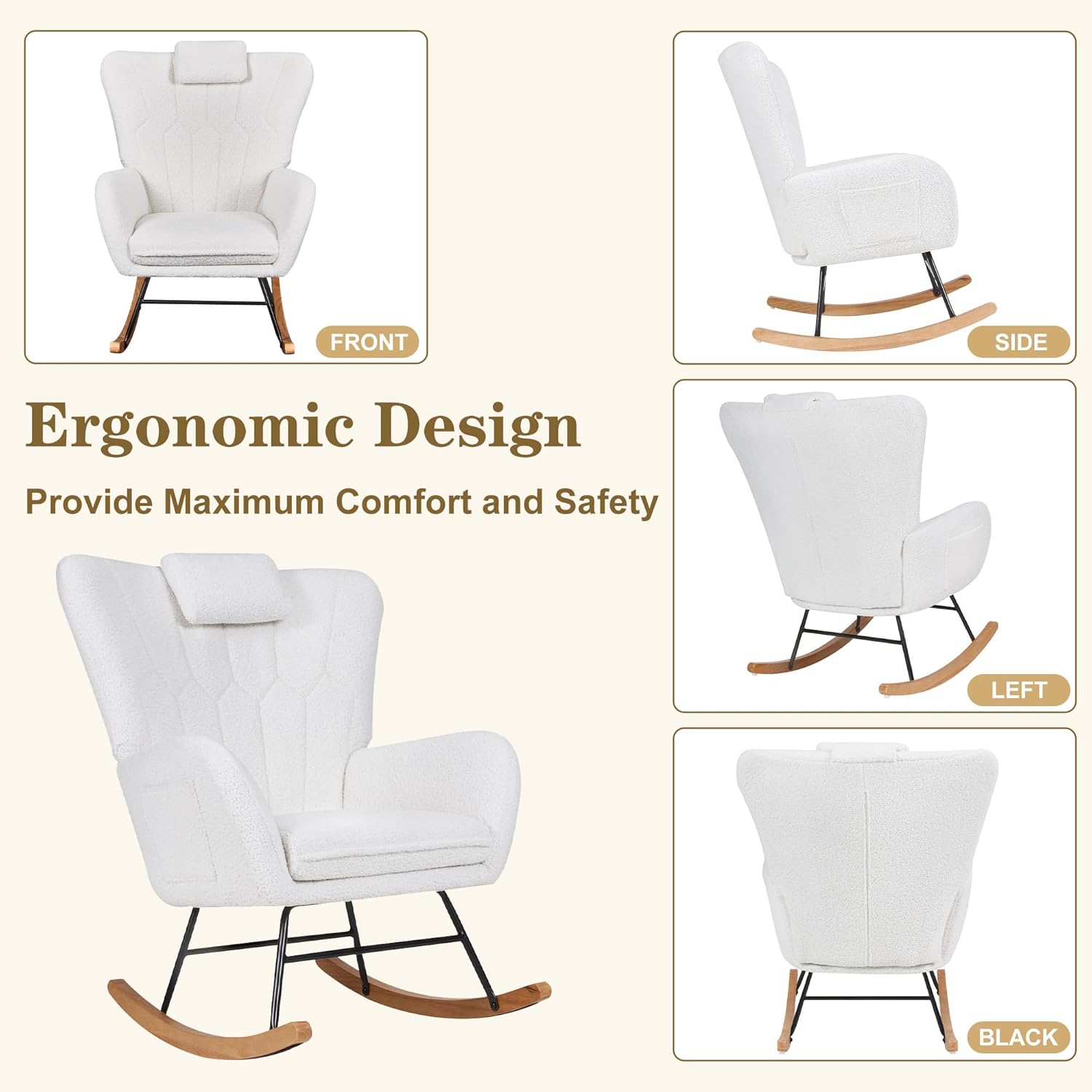 VECELO Rocking Chair Nursery with Thick Headrest, Modern Teddy Upholstered Reading Glider Rocker Accent Armchair with High Backrest