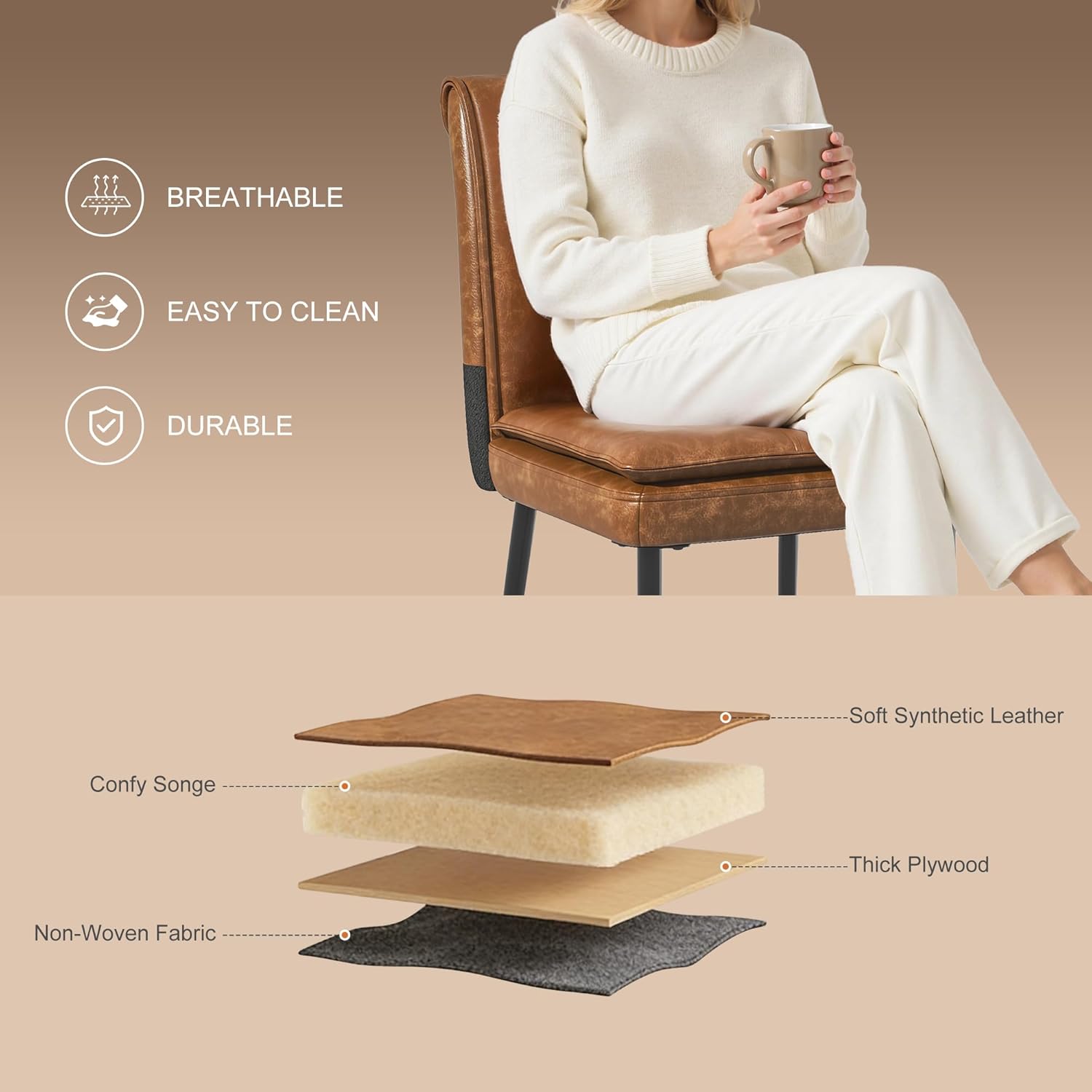 VECELO Upholstered PU Dining Chairs Set of 2