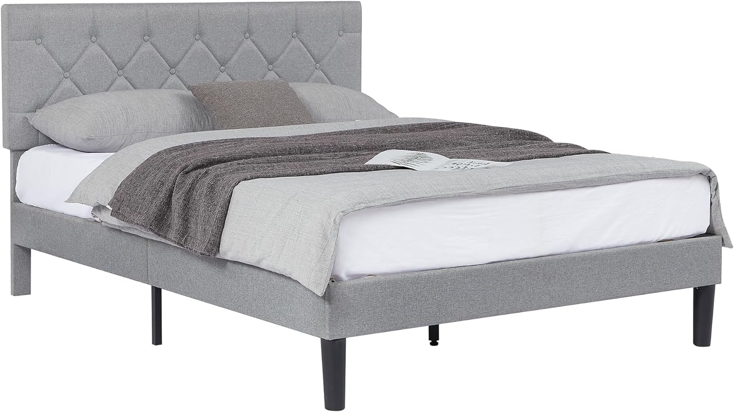VECELO Bed Frame, Upholstered Platform with Adjustable Diamond Tufted Headboard