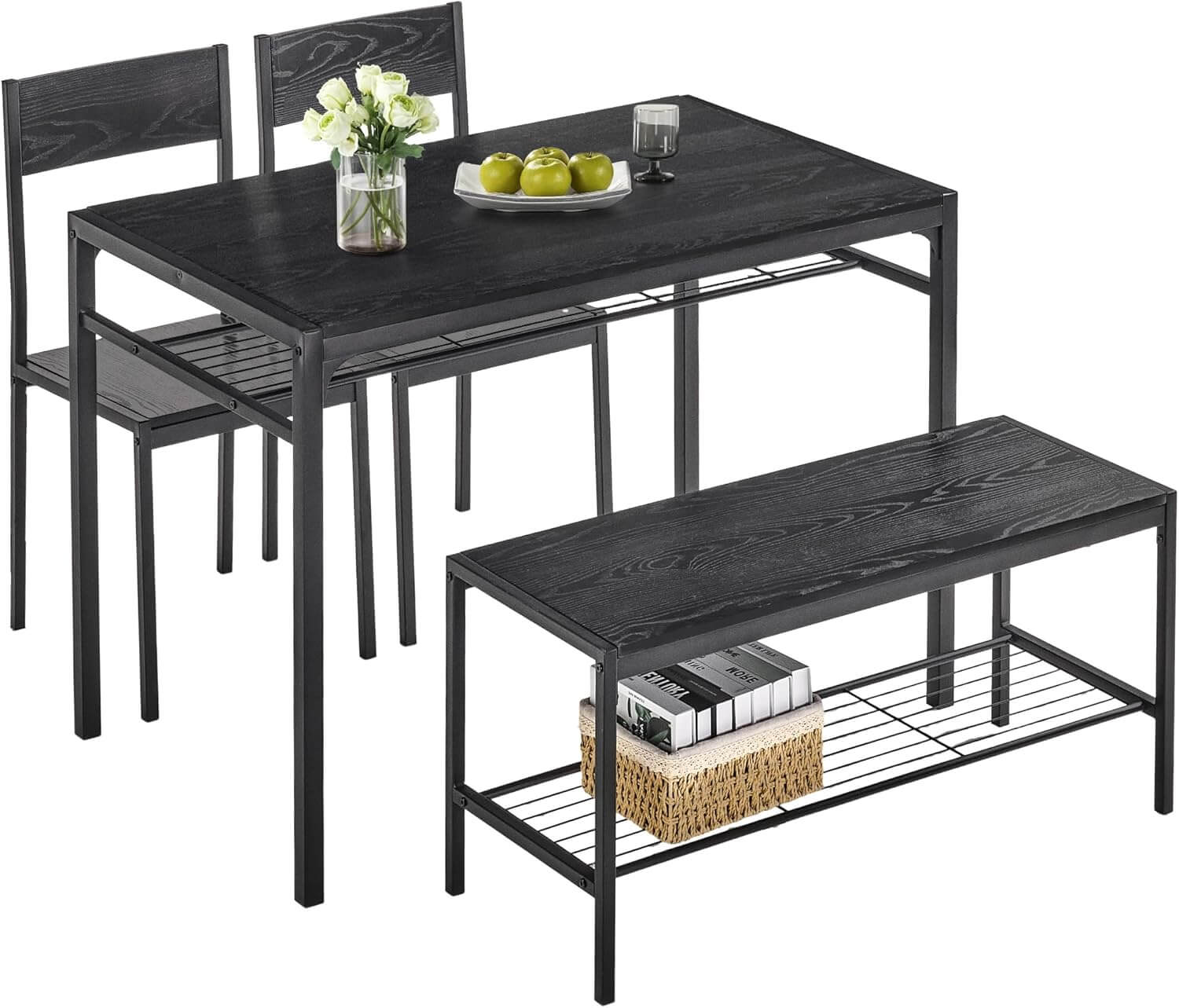 VECELO Kitchen dining room set, black wood table with 2 chairs and bench featuring shelf for storage, modern industrial style.