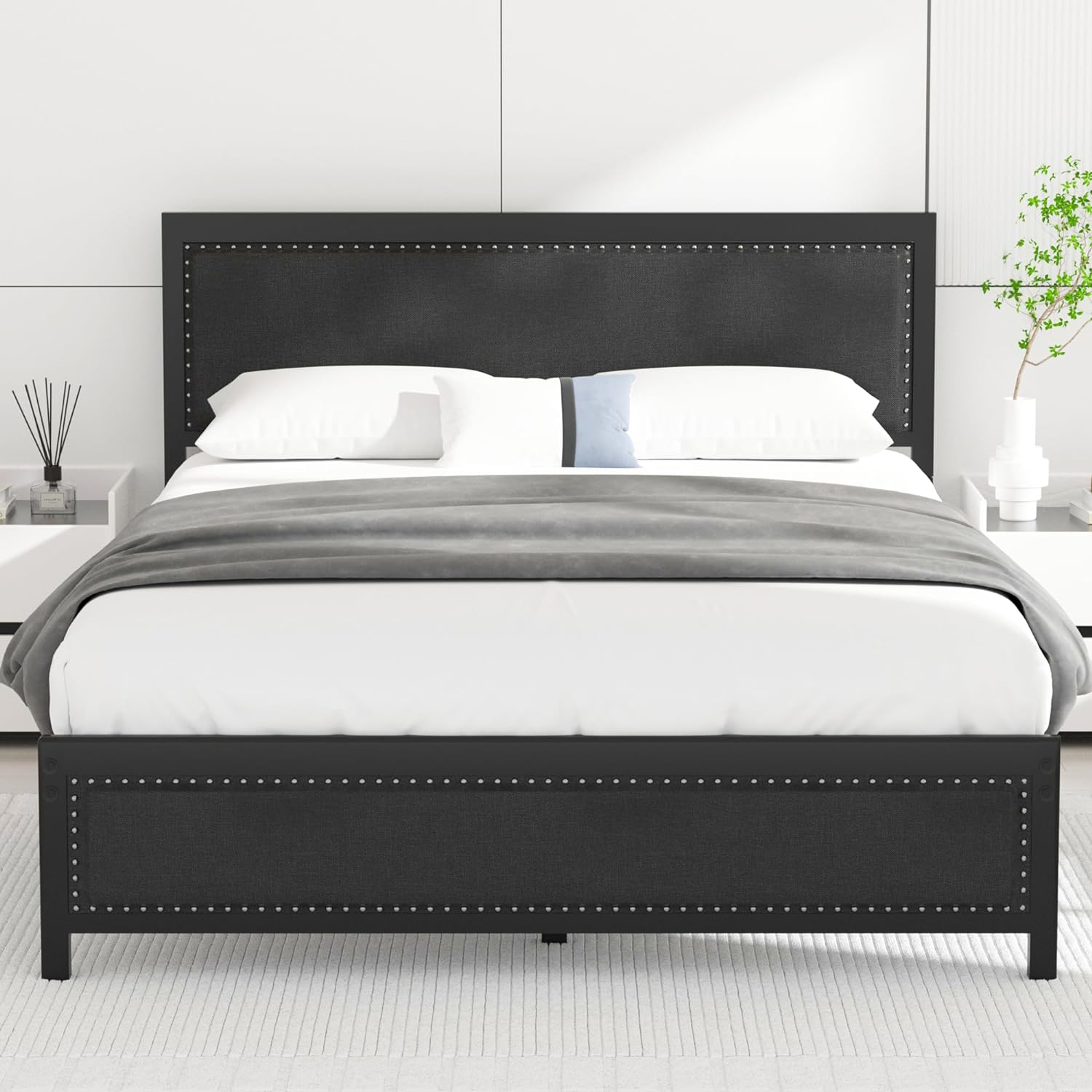 VECELO Bed Frame with Linen Fabric Headboard and Footboard No Box Spring Needed - VECELO