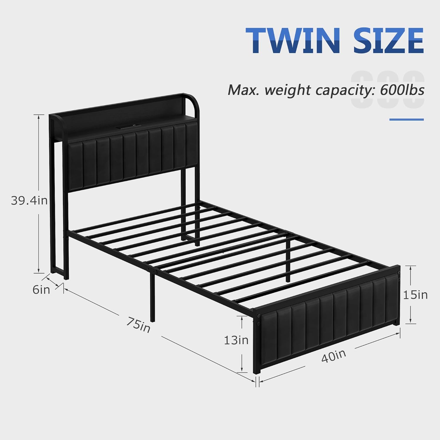 VECELO Twin Bed Frame, Storage Upholstered Headboard with Charging Station