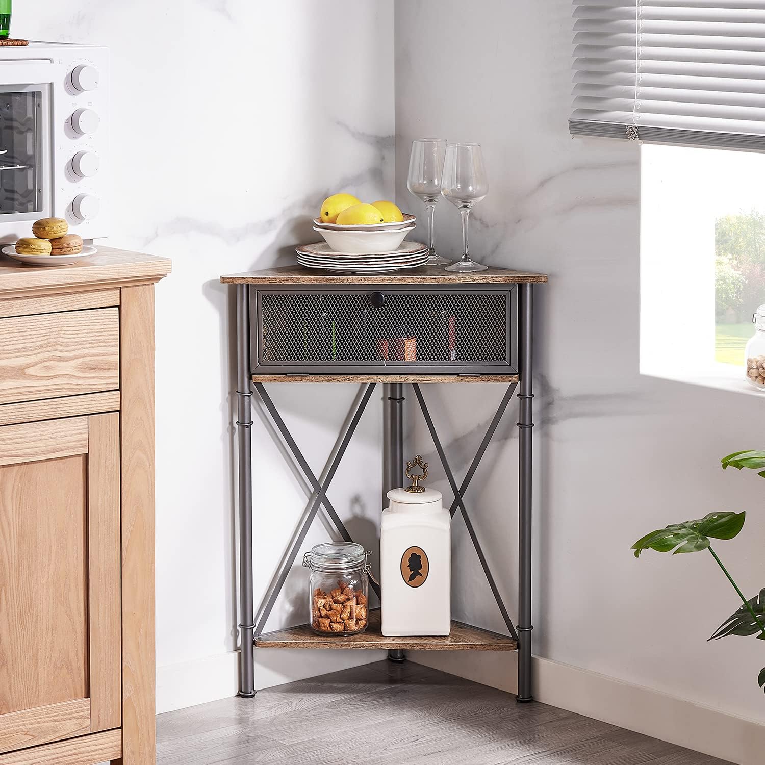 VECELO Corner Table for Small Spaces, Multipurpose Storage Cabinet Shelf Organizer
