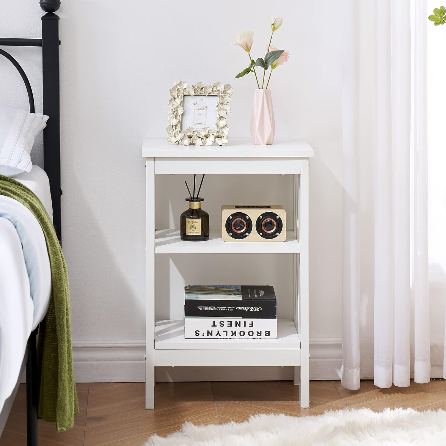 Modern Nightstand/Side End Table with X-Design Frame & 3-Tiers Open Storage Shelf