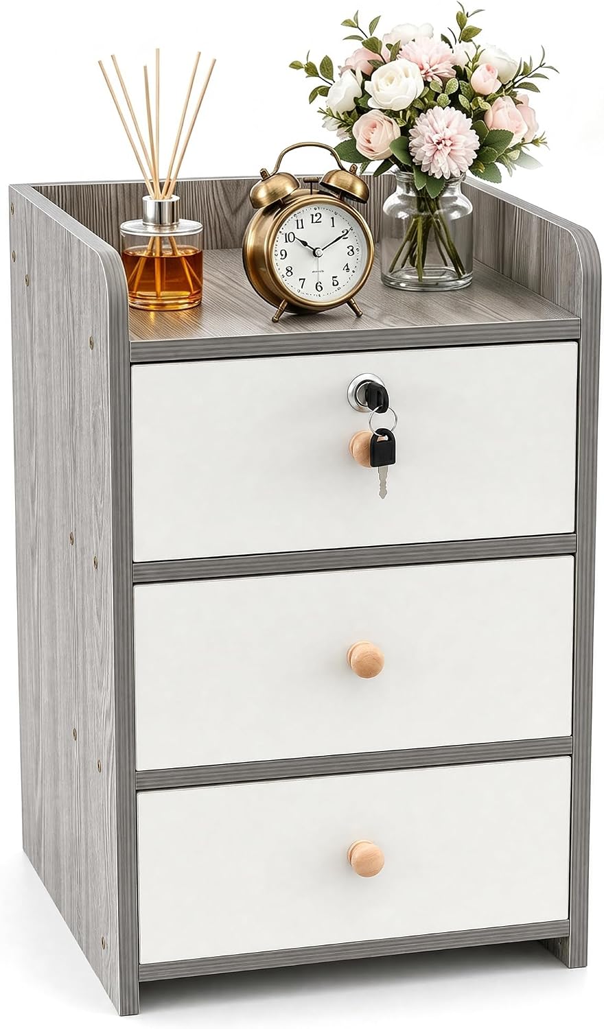 VECELO Nightstand with 3 Drawers Farmhouse End Table with Storage  Bedside Night Stand for Bedroom  Living Room