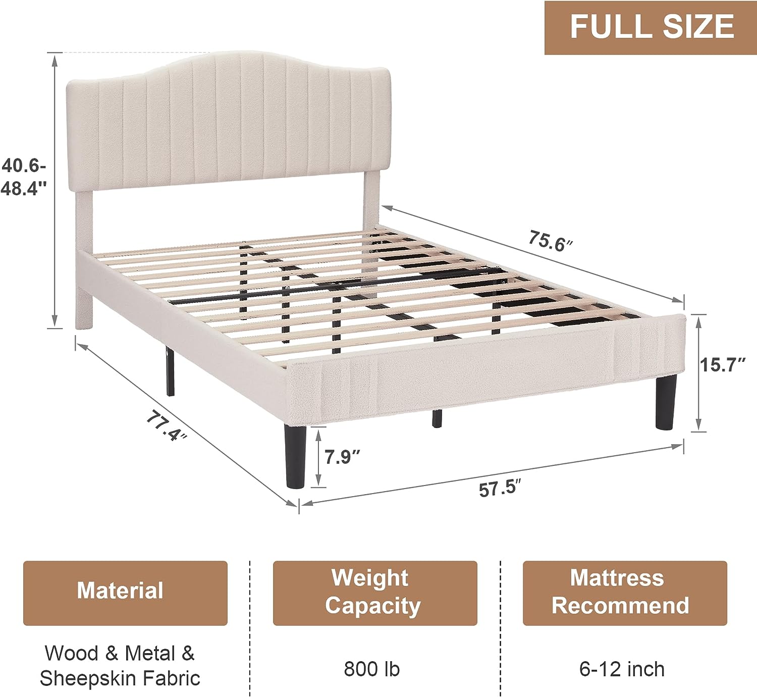 VECELO Upholstered Platform Bed Frame with Sheepskin Fabric Adjustable Headboard/Strong Wood Slats Supports