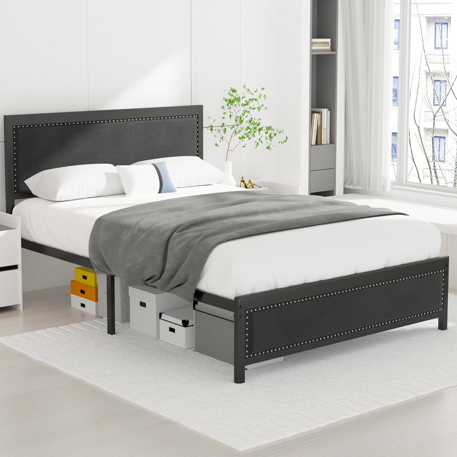 VECELO Bed Frame with Linen Fabric Headboard and Footboard No Box Spring Needed - VECELO