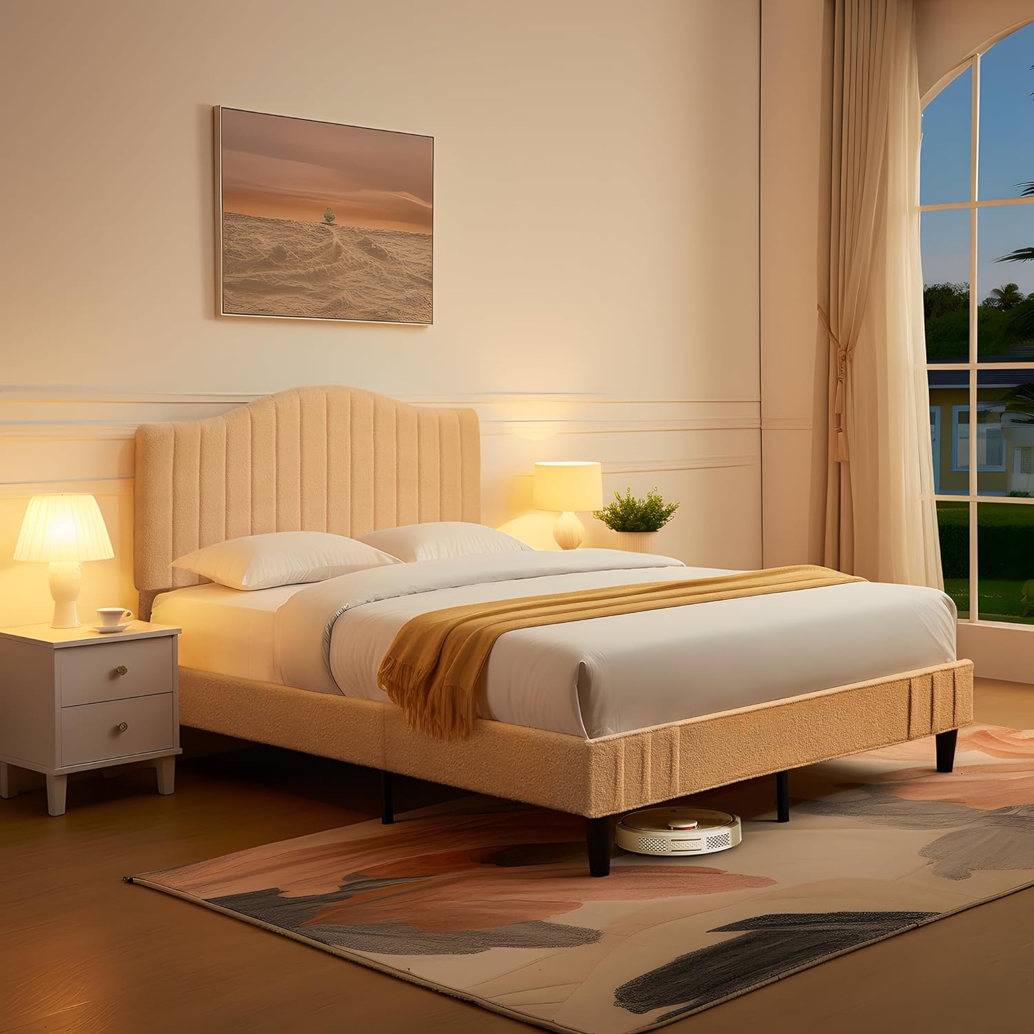 VECELO Upholstered Platform Bed Frame with Sheepskin Fabric Adjustable Headboard/Strong Wood Slats Supports