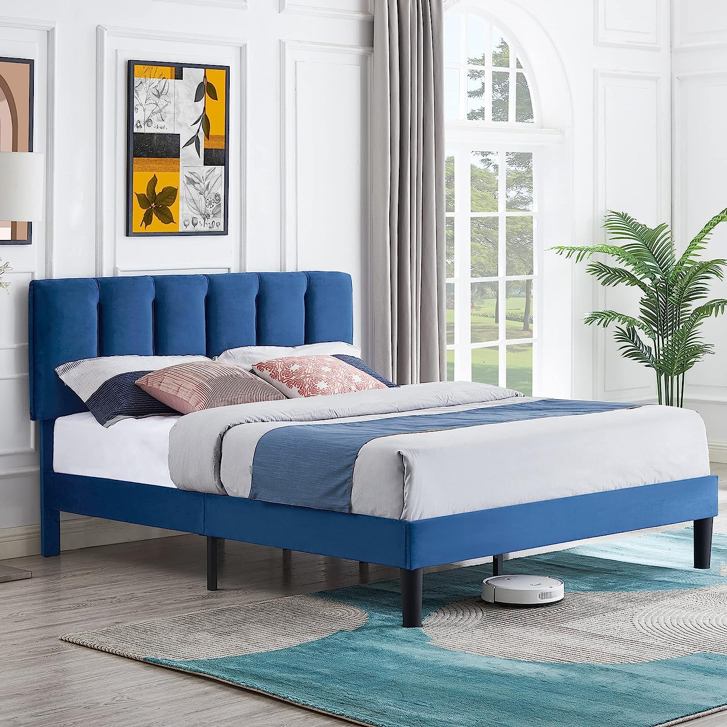 VECELO Modern Upholstered Platform Bedframe, Adjustable Headboard