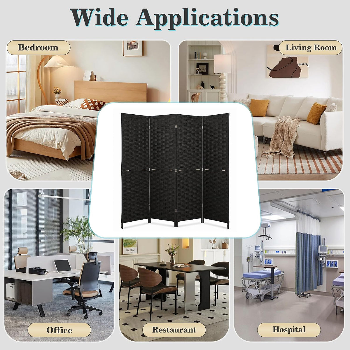 VECELO Room Divider, 4 Panel Folding Privacy Screens, Black
