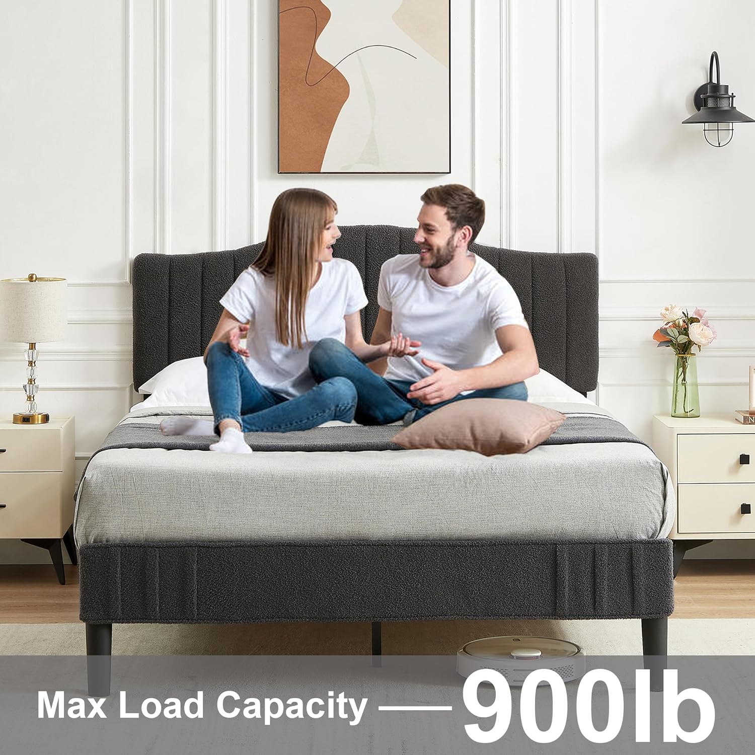 VECELO Upholstered Platform Bed Frame with Sheepskin Fabric Adjustable Headboard/Strong Wood Slats Supports