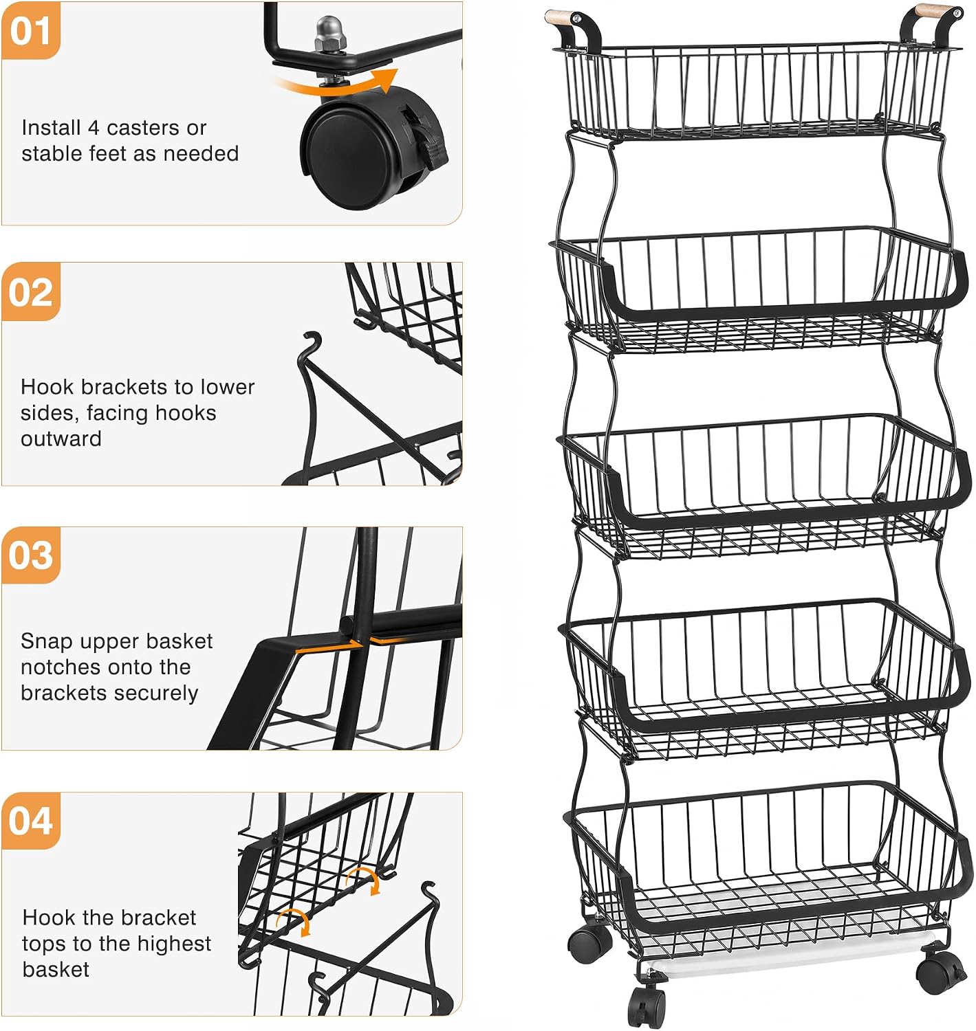 VECELO 3-Tier Fruit Basket with Wheels,