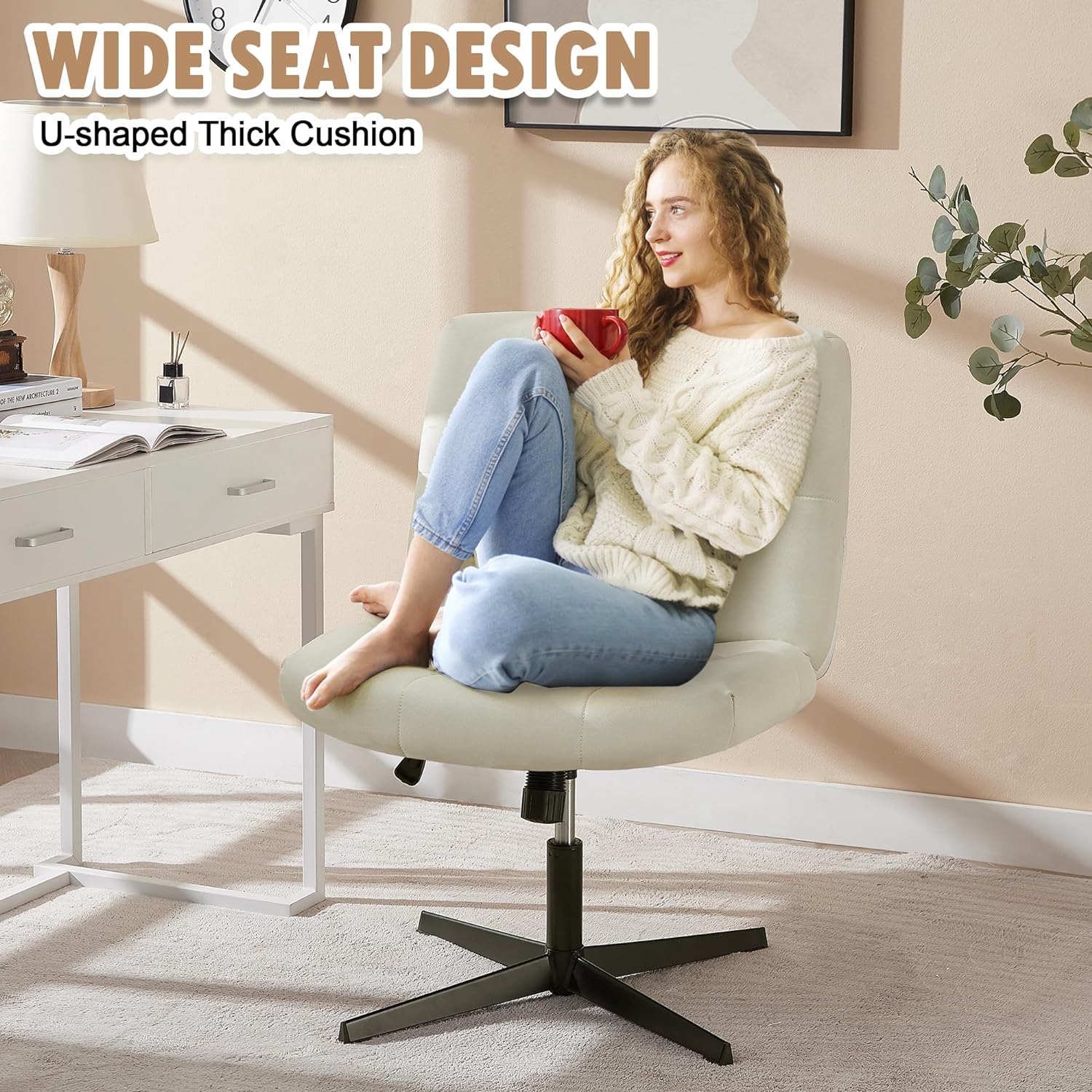 VECELO Criss Cross Armless Office Desk Chair No Wheels Comfy Wide Fabric Padded