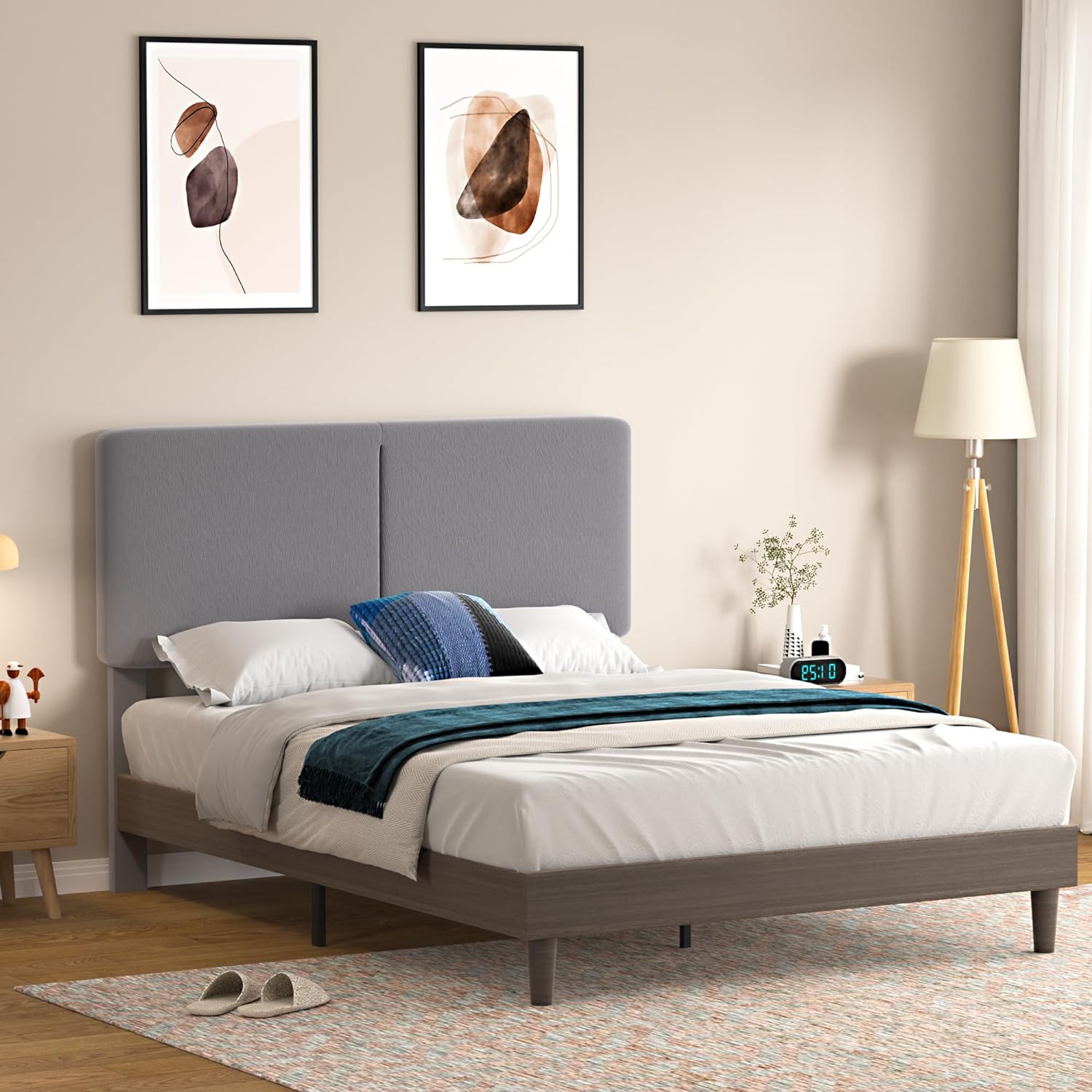 VECELO Upholstered Platform Bed Frame with Height-Adjustable Cotton and Linen Headboard