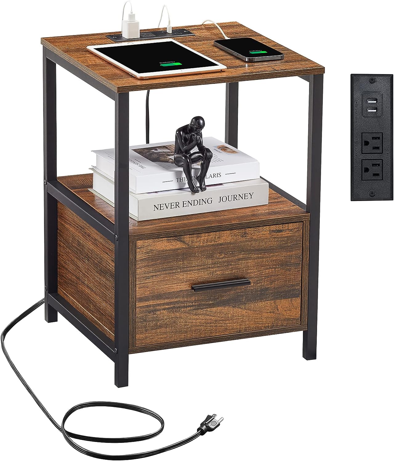 VECELO Modern Nightstand with Charging Station and USB Ports End Side Table