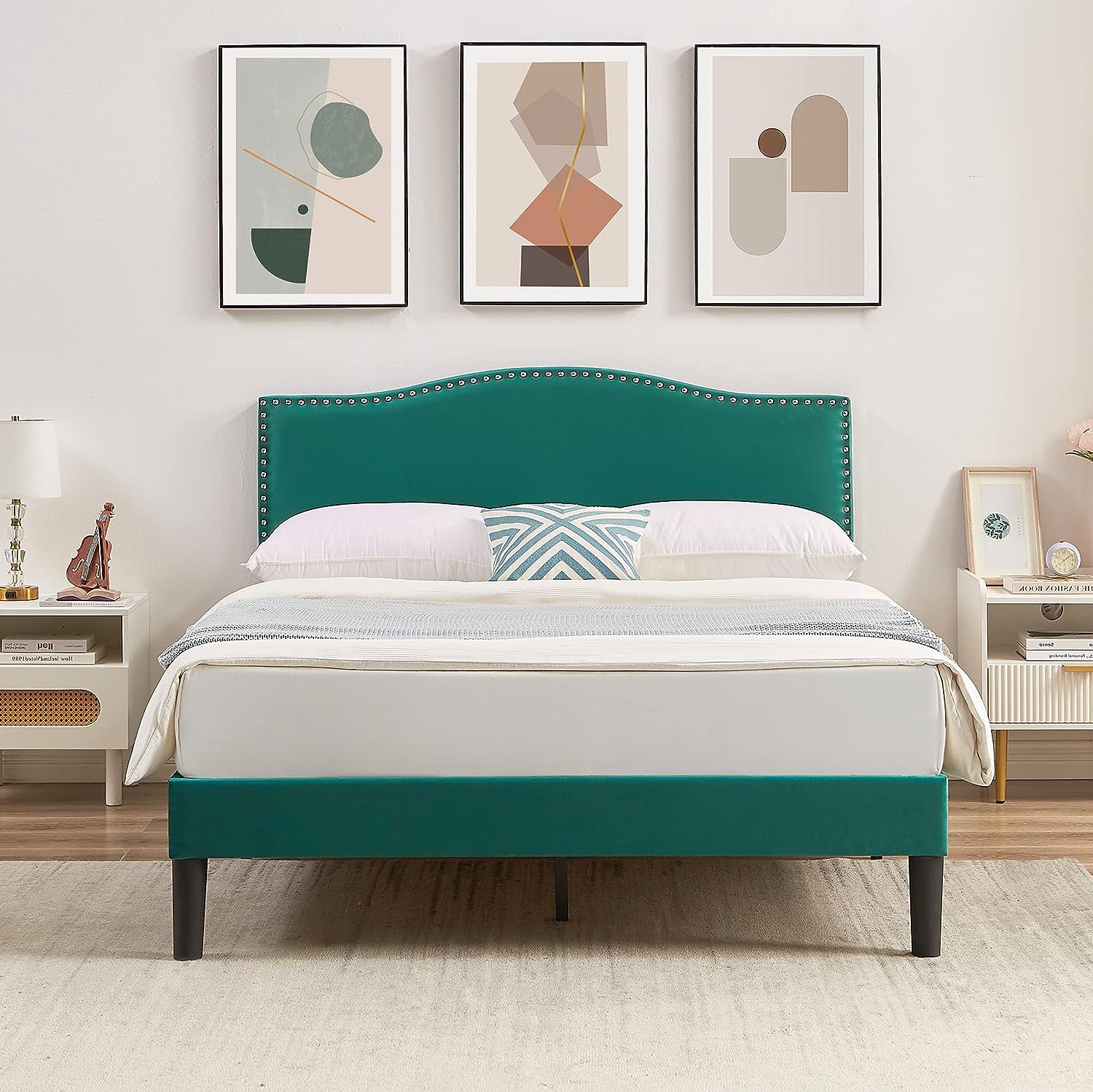 VECELO Bed Frame Platform with Upholstered Headboard & Wooden Slats Support - VECELO