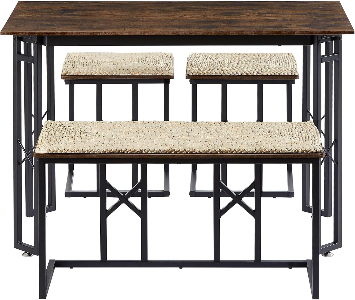 VECELO 43.3" Farmhouse Room Sets for 4 with 3 Benches Wicker-Knot Cushions - VECELO