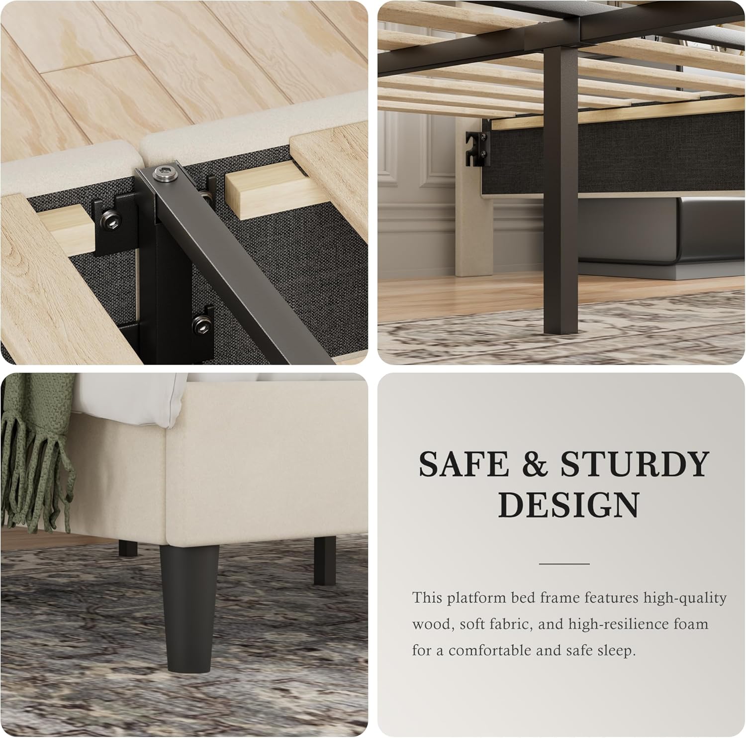 VECELO Modern Upholstered Platform Bedframe, Adjustable Headboard