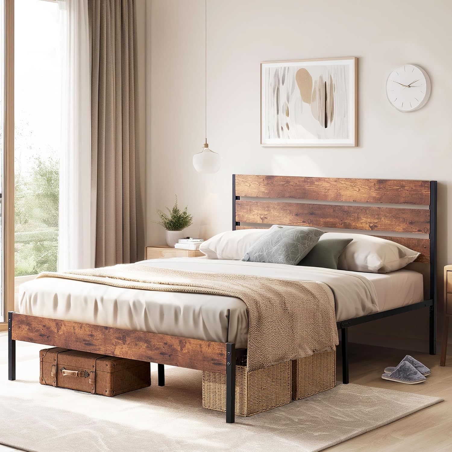 VECELO Platform Bed Frame with Rustic Vintage Wood Headboard/Strong Metal Slats Support