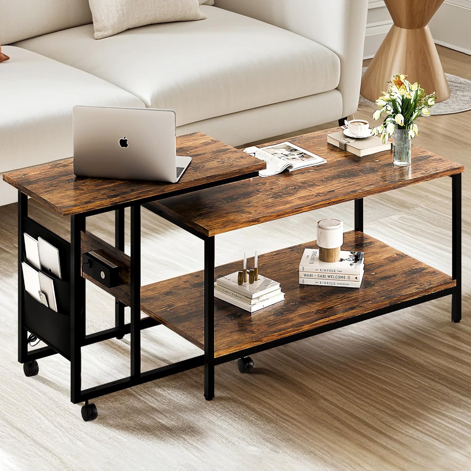 VECELO Coffee Table, Adjustable Coffee Table Set of 2 with End Table for Living Room - VECELO