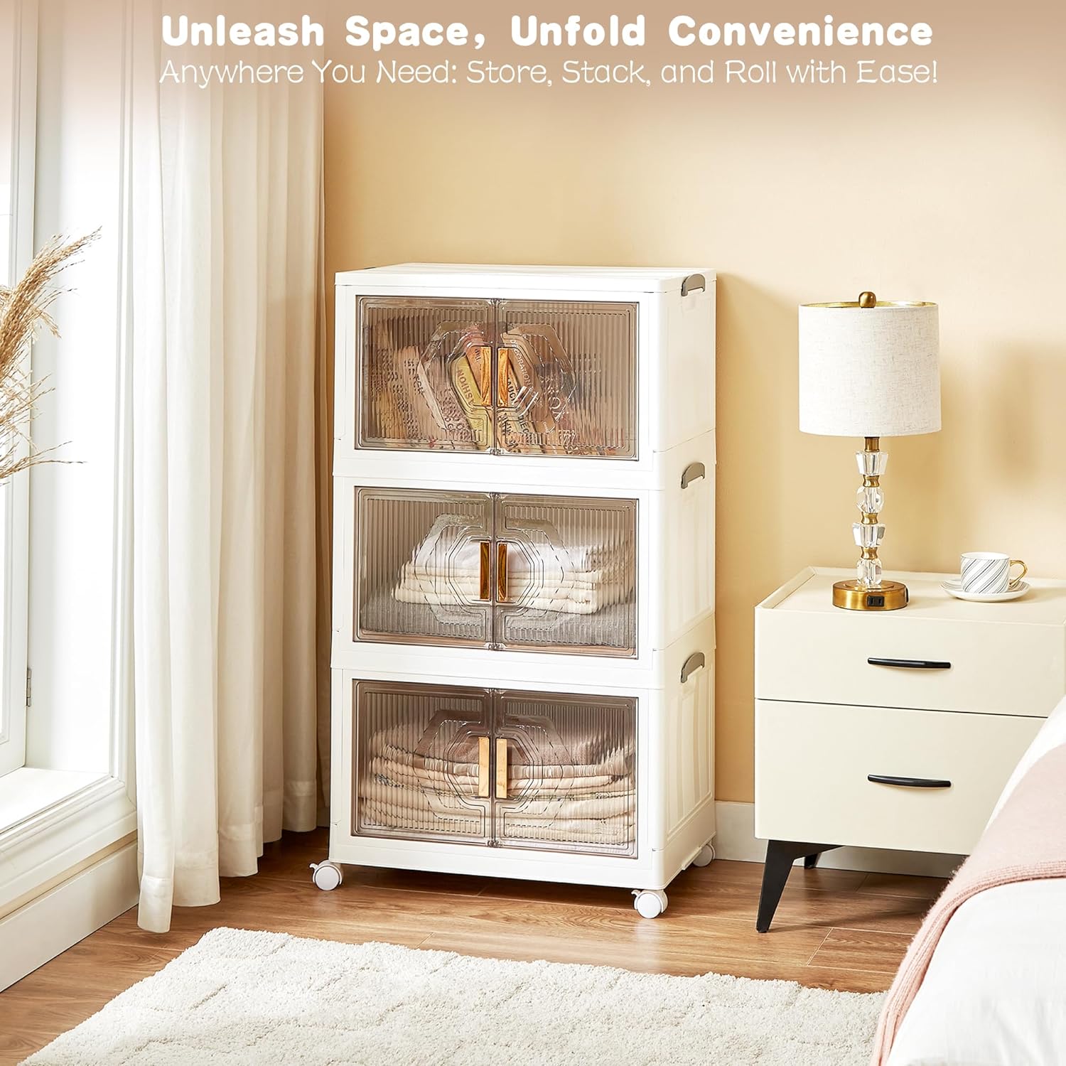 VECELO 16 Gal Stackable Storage Bins with Lid, 3/4/5 Pack Plastic Collapsible Storage Cabinet - VECELO