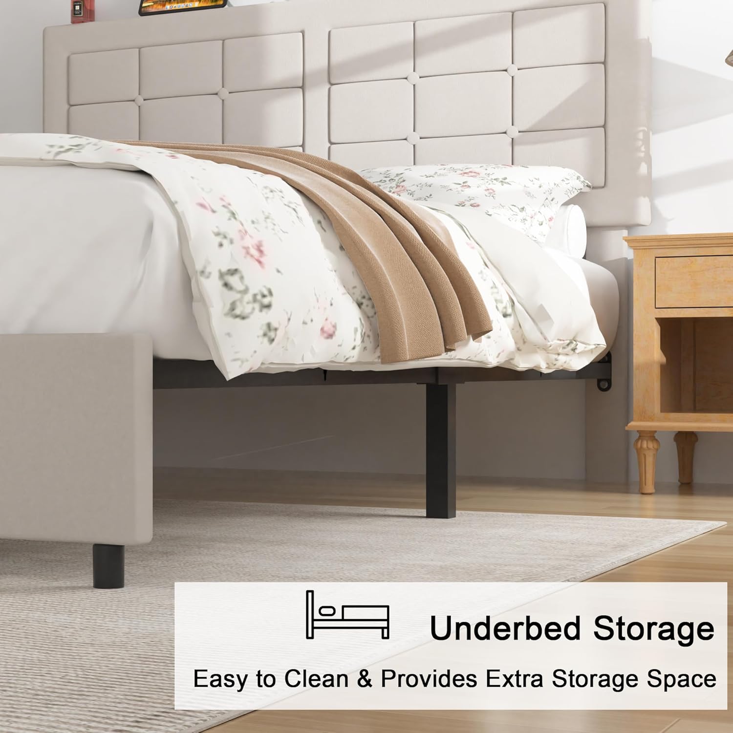 VECELO Bed Frame with 4 Drawers, Adjustable Tufted Button Headboard