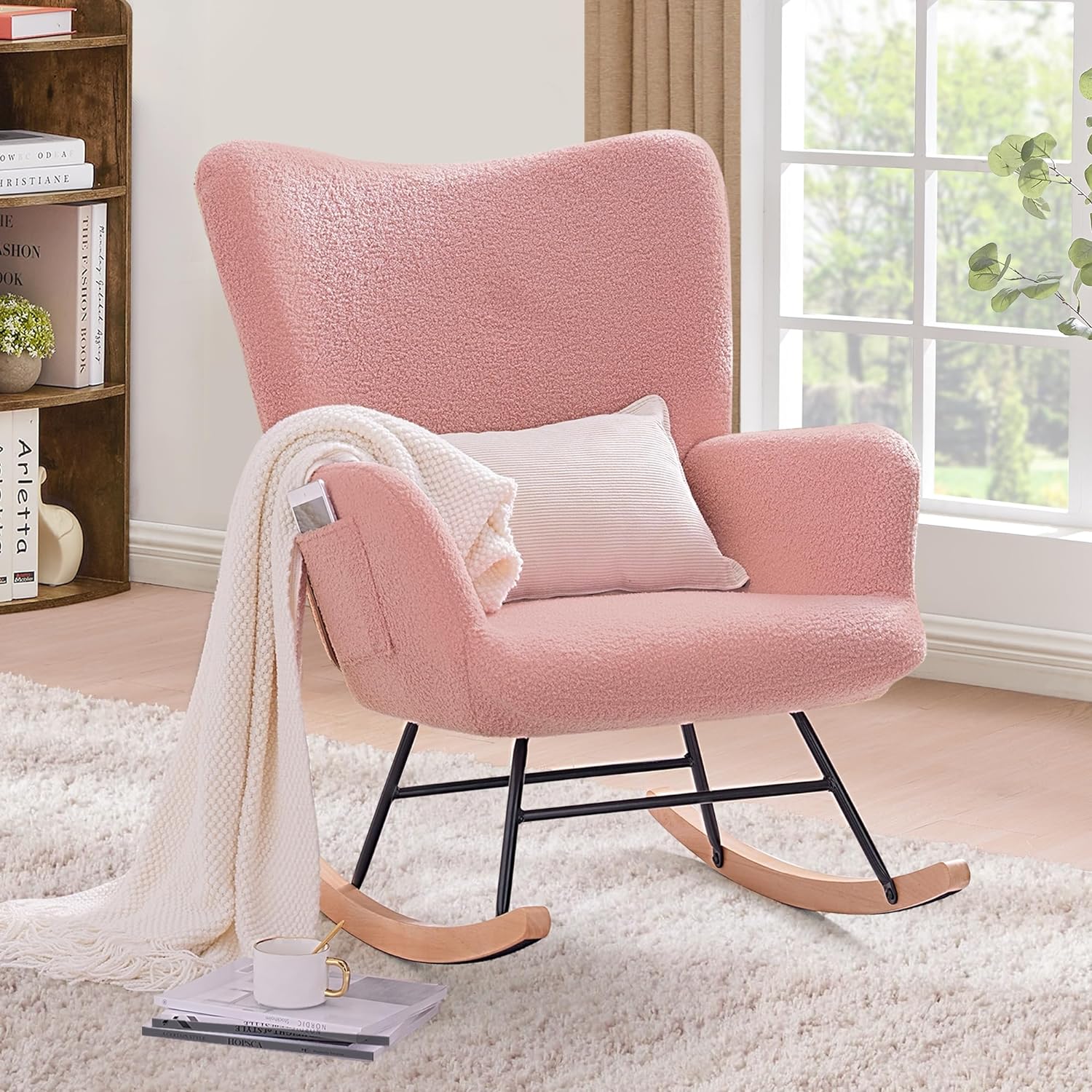 VECELO Rocking Chair, Modern Upholstered Teddy Fabric Nursery Glider