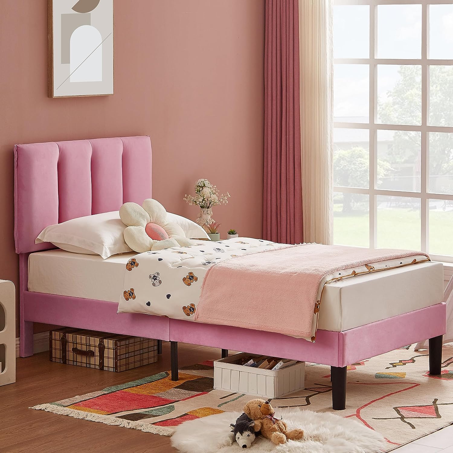 VECELO Modern Upholstered Platform Bedframe, Adjustable Headboard