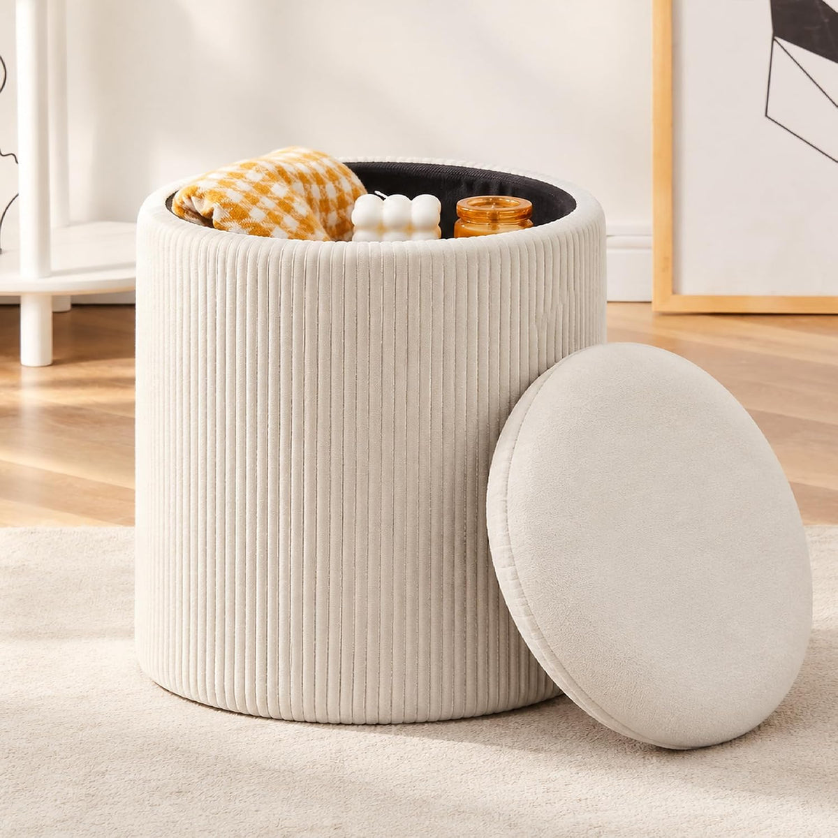 VECELO Round Velvet Storage Ottoman, Beige Upholstered Padded Vanity Stool,