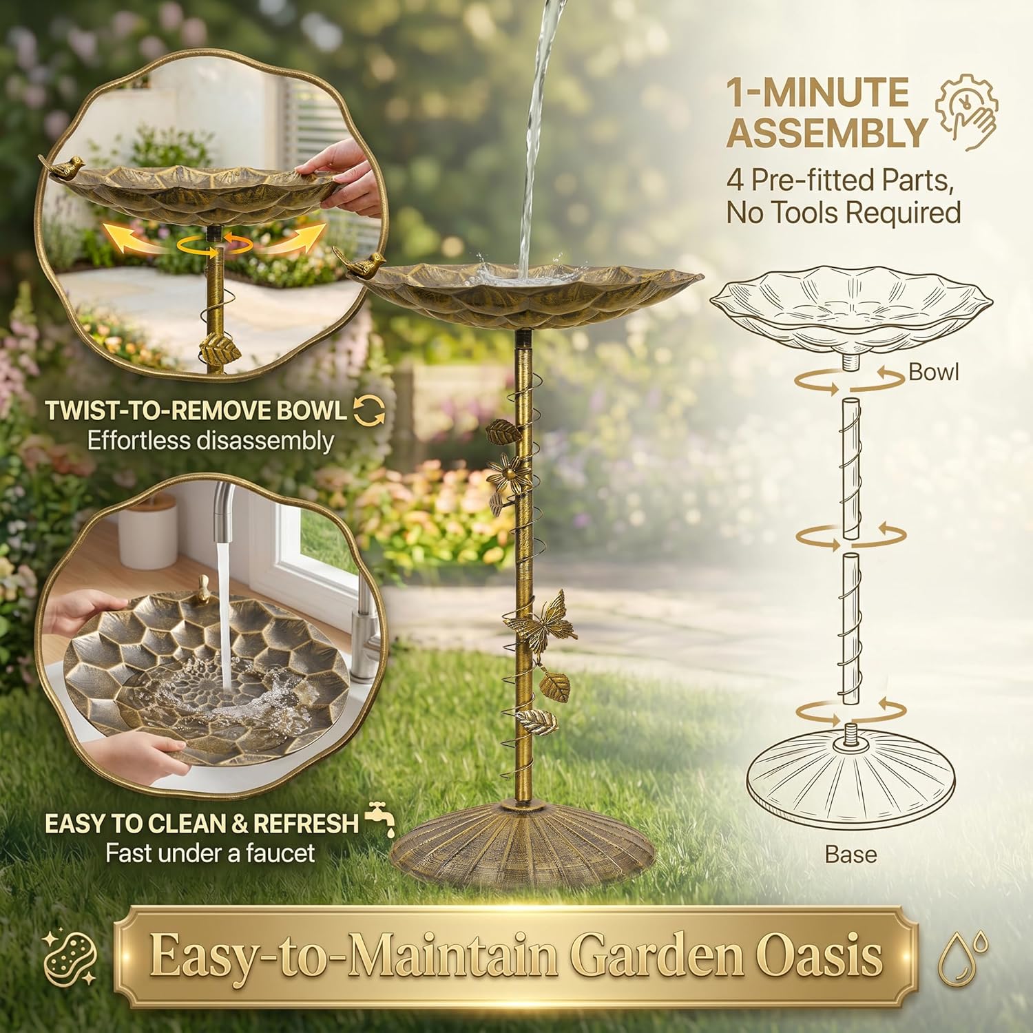 VECELO Antique Gold Metal Bird Bath for Outside