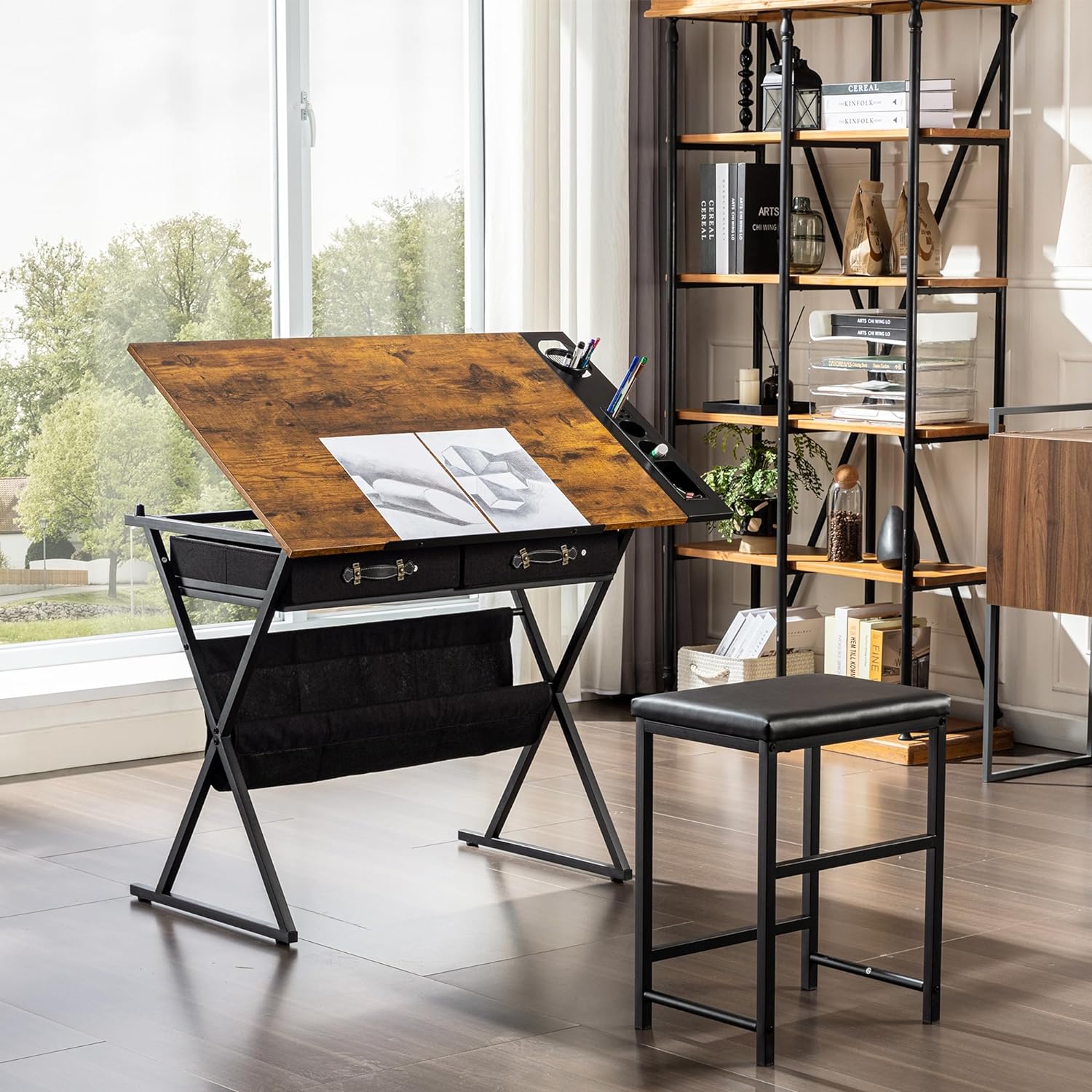 VECELO Drafting Table Adjustable Desk Tilted Tabletop with 2 Storage Drawers and Stool